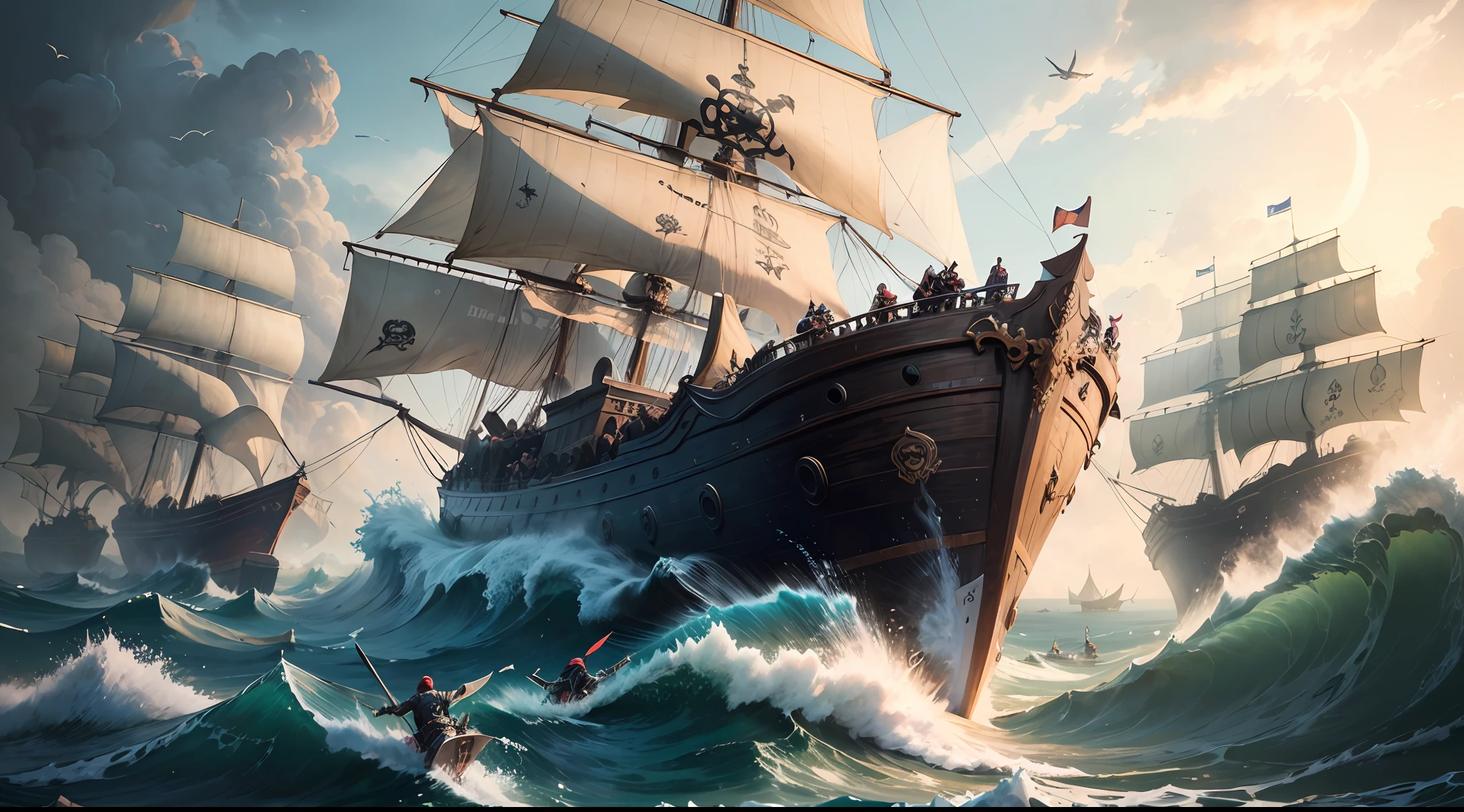 "Pirates battling fierce ninjas in an epic showdown on the high seas."