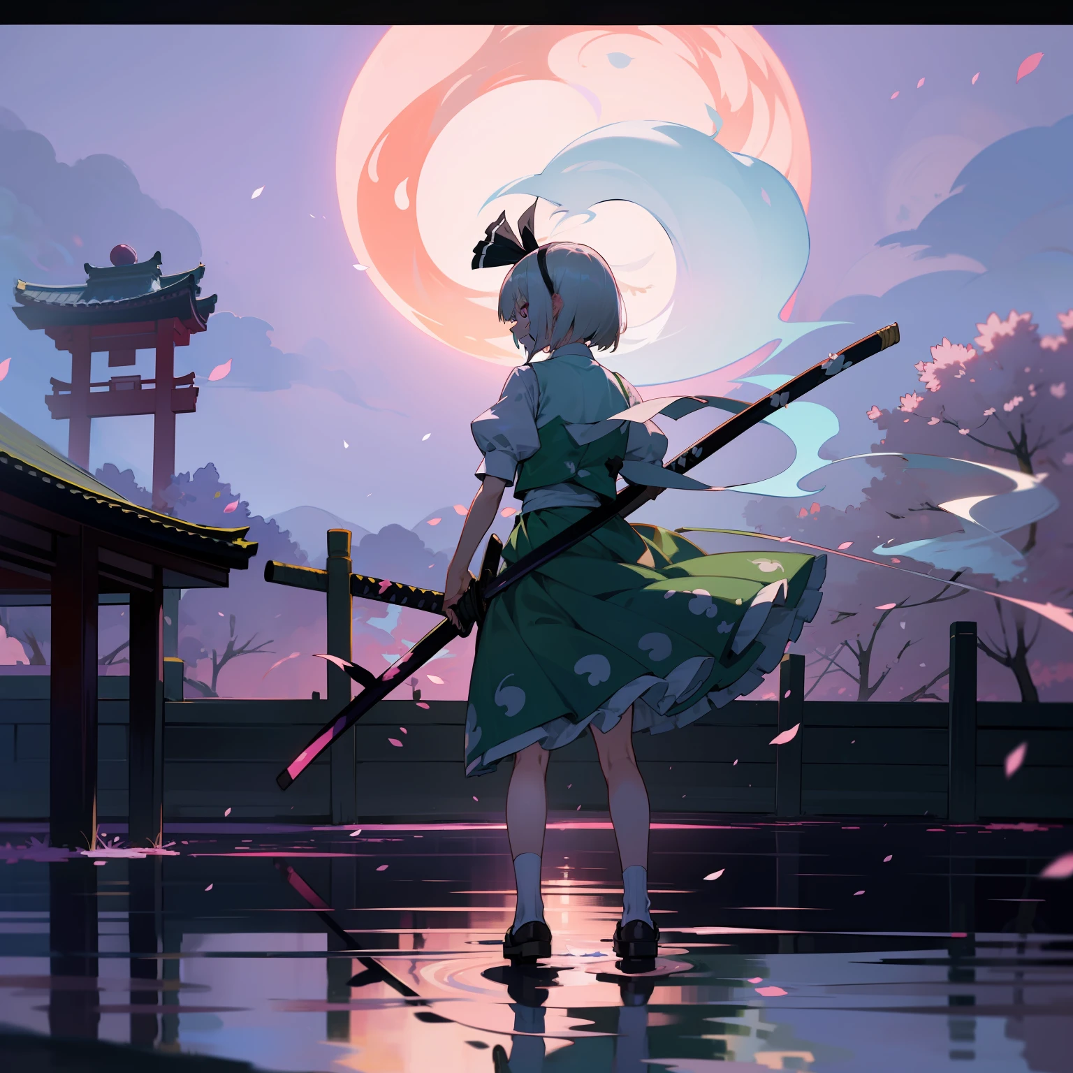 Illustration of Youmu Konpaku holding a Japanese sword, masterpiece, fine detail, 4k, 8k, 12k, solo, one person, beautiful girl, Caucasian female, Youmu Konpaku, Youmu Konpaku from behind, standing on water, cherry blossom petals on the ground, hell , lanterns, cherry blossom petals, purple sky