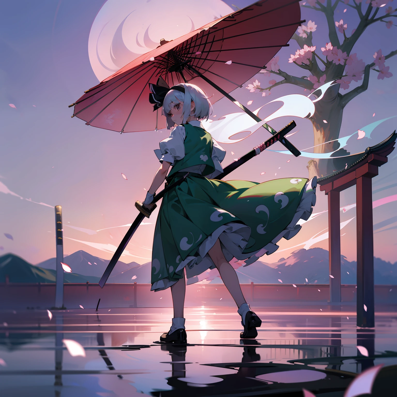 Illustration of Youmu Konpaku holding a Japanese sword, masterpiece, fine detail, 4k, 8k, 12k, solo, one person, beautiful girl, Caucasian female, Youmu Konpaku, Youmu Konpaku from behind, standing on water, cherry blossom petals on the ground, hell , lanterns, cherry blossom petals, purple sky