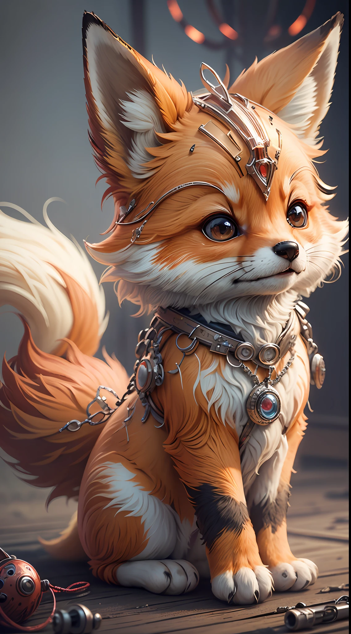 A cute little fox，There are red and white furs，(Nine tails:1.1)，([Tail|detailed wire]:1.3)，(complexdetails)，hdr，(complexdetails，ultra - detailed:1.2)，Cinema lenses，Halo shadow，at centre，Little white fox！！！，ssmile，Funny，crystal，cleanness