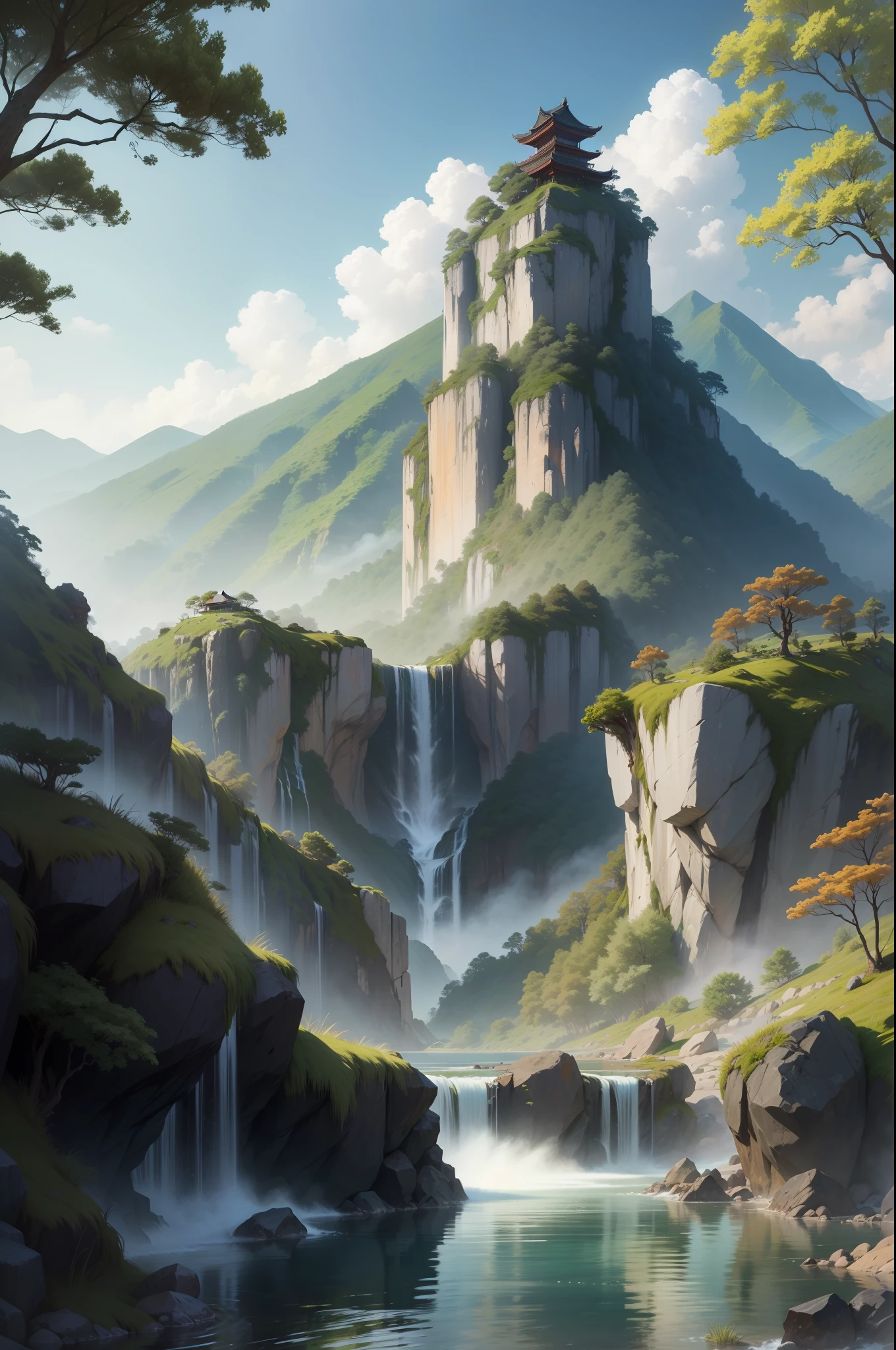 9:16 Full picture,Chinese antiquity、springtime、jungles、lakes、hole in the mountains、waterfallr,The tree、grassy fields、Rochas、fawn、hot onsen、hydrosphere、(illustratio:1.0)、Epic composition、Detail Enhancement,Detail enhancement。Realistic lighting、high definition detail、tmasterpiece、The best quality,(非常详细的 CG 统一 8k 壁纸),(The best quality)