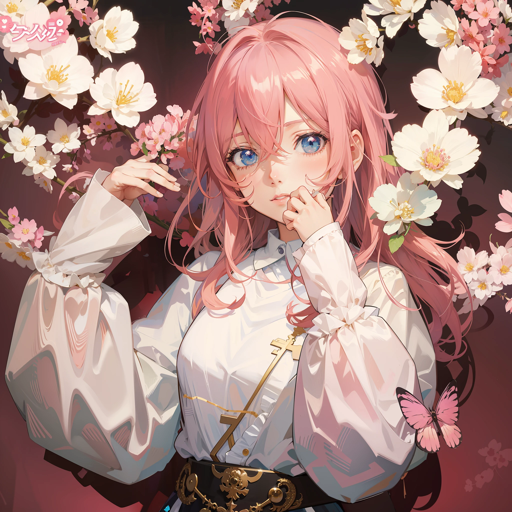 Anime girl with pink hair and blue eyes surrounded by flowers, clean and meticulous anime art, anime visual of a cute girl, a beautiful anime portrait, detailed anime character art, Detailed key anime art, Beautiful anime girl, Detailed anime artwork, beautiful anime art style, detailed anime art, (Anime girl), anime illustration, animeaesthetic, detailed portrait of an anime girl