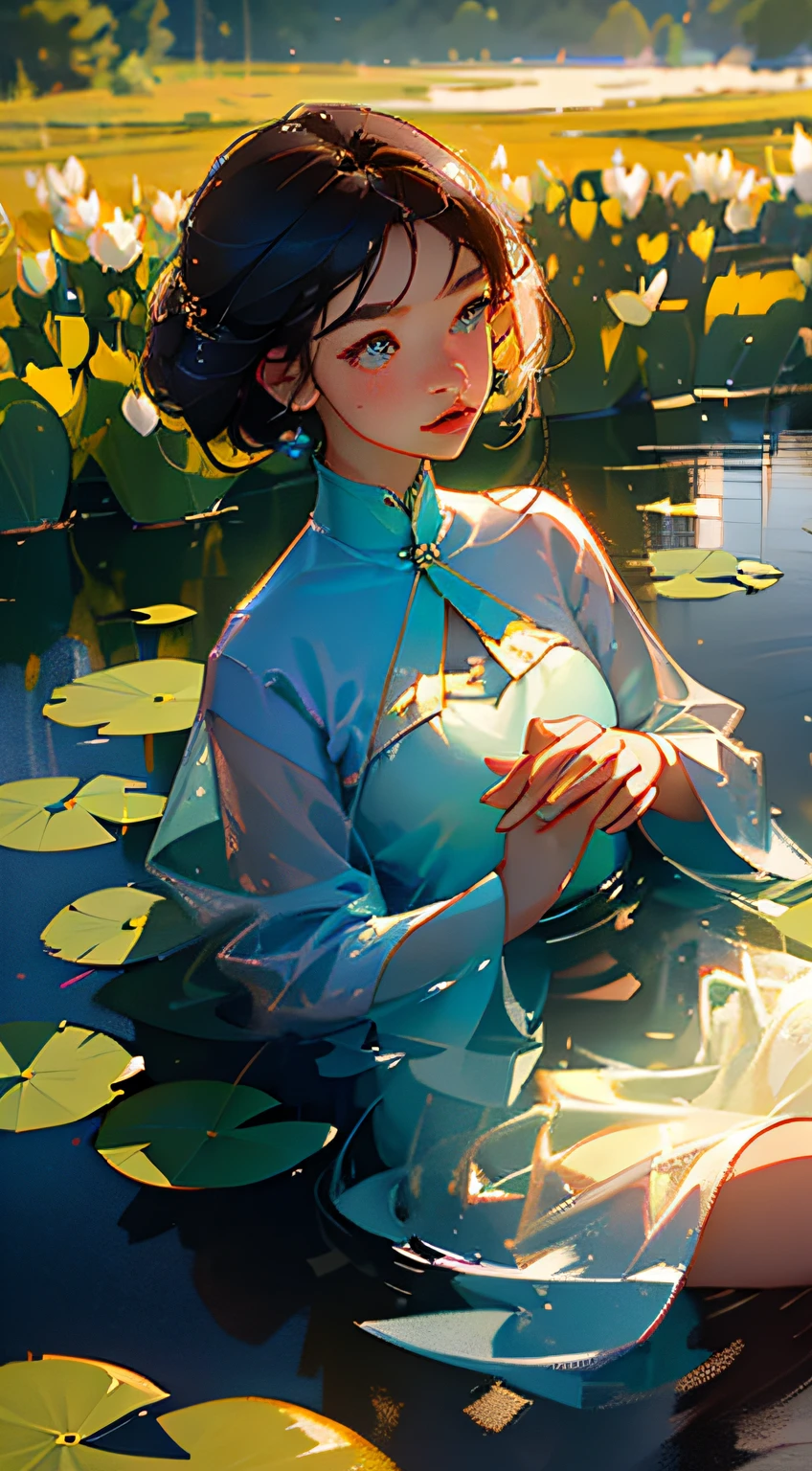Lotus pond,A girl in a dress stands in a pond,large clouds、blue-sky、lotuses,ponds,hillside,Quiet,rustic,high definition detail、hyper-detailing、cinematic ligh、ultra-realistic realism、Soft light、Deep field focus bokeh、Ray tracing and surrealism。 --v6