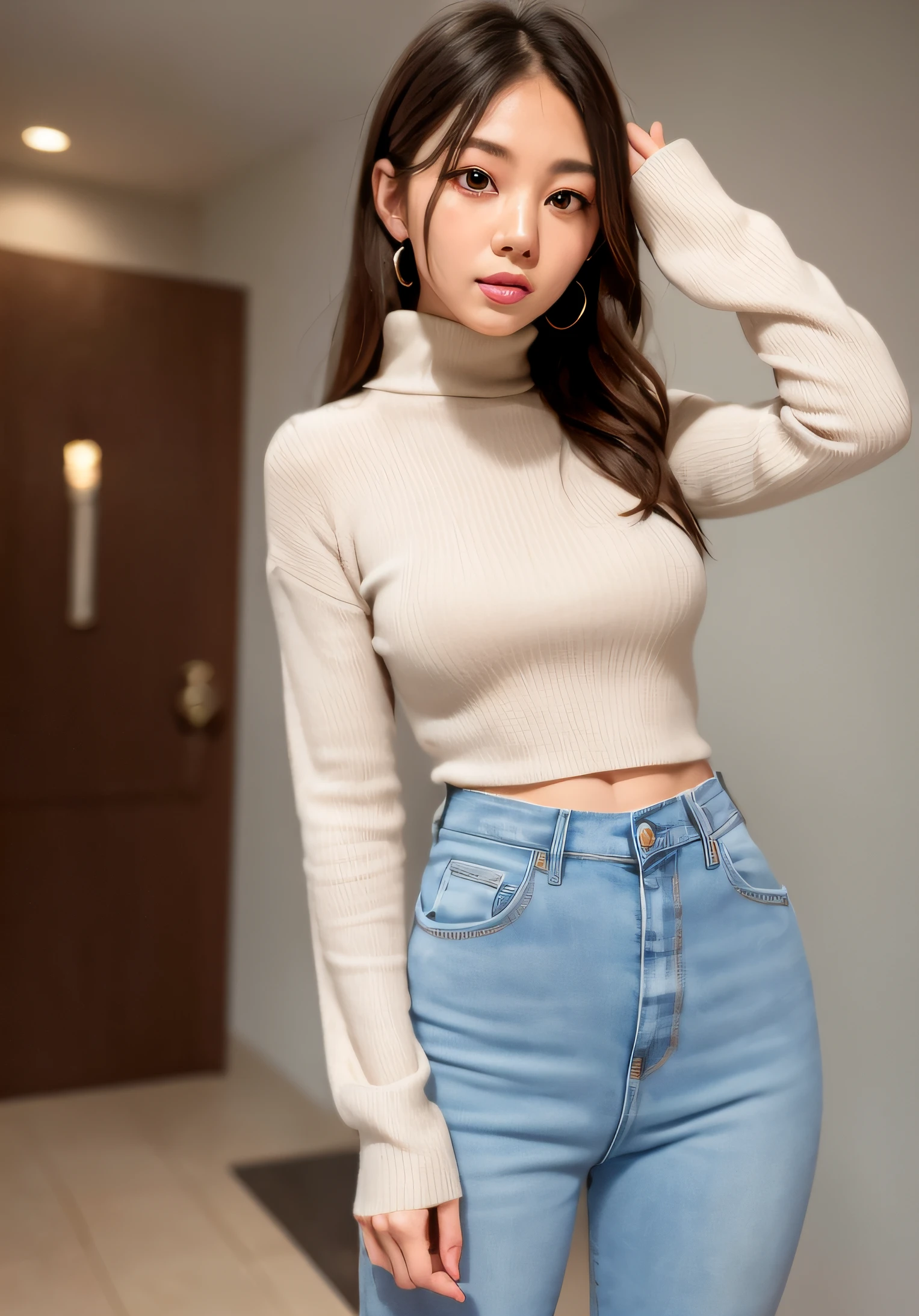 Araff woman posing for photo in turtleneck sweater and jeans, Korean girl, wearing tight simple clothes, Gorgeous young Korean woman, wearing a cute top, wearing tight shirt, wearing casual cloths, Casual clothes, in white turtleneck shirt, korean women's fashion model, Casual pose, Tight shirt, Casual clothing, Attractive pose, wearing sweater