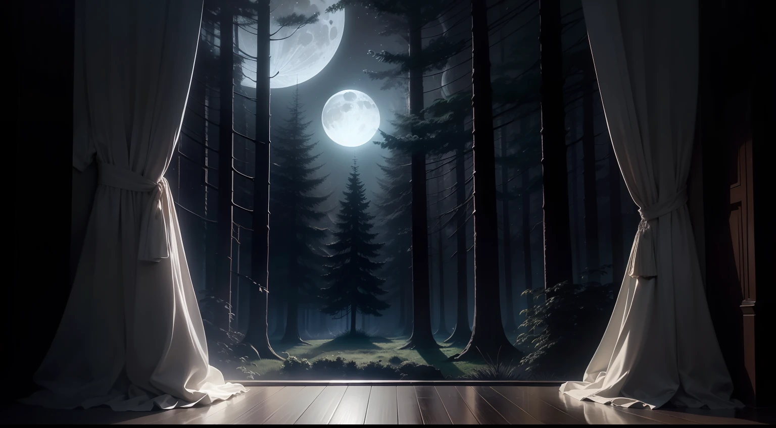The moon dominates the night sky, casting a gentle, silvery light that bathes the entire scene in a dreamlike ambiance. The moonlight filters through the canopy of the trees, creating dappled patterns of light and shadow on the forest floor.