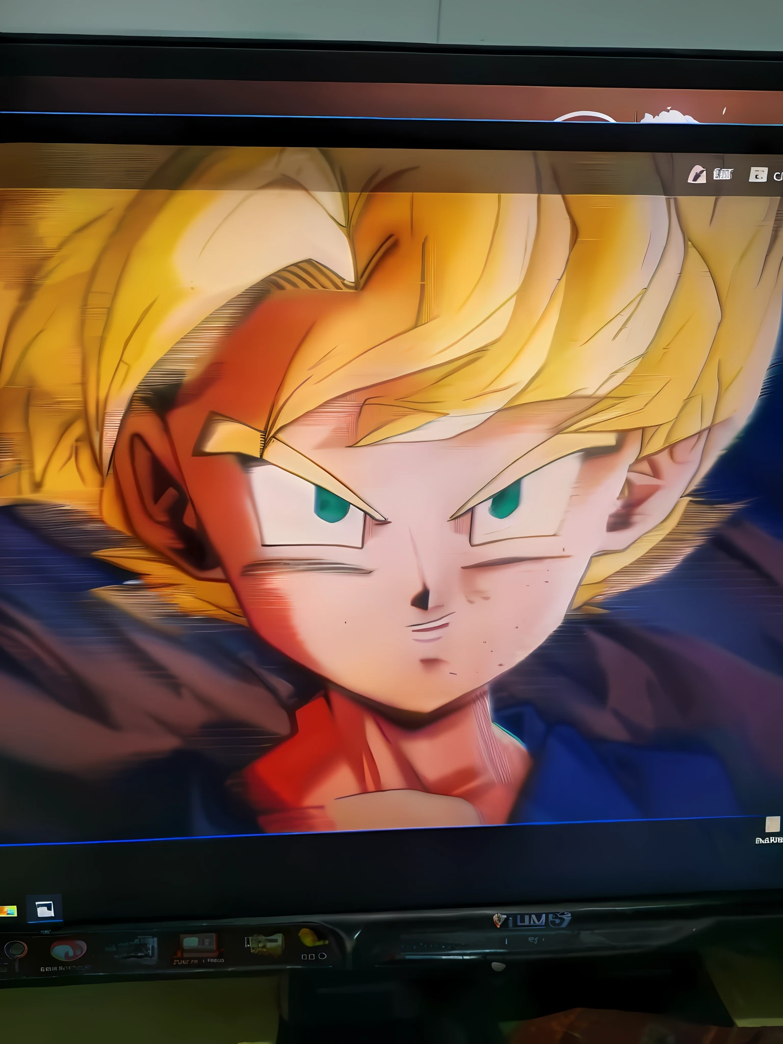 Cartoon image of young Gohan on TV, dragon ball artstyle, anime cels, dragon ball z style, anime cels, Anime style. 8K, pc screen image, low quality sharpened graphics, very very low quality picture, cel shading, cel shaded anime, anime 4 k, anime style hyper detailed, offcial art