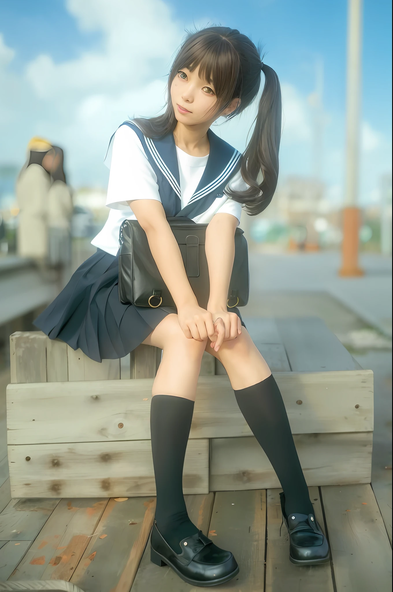 There was a woman sitting on a wooden bench in uniform, Anime girl cosplay, Surrealism female students, japanese girl school uniform, Surrealism female students, Beautiful Anime High School Girls, Japanese school uniform, Realistic schoolgirl, Anime girl in real life, wearing a Japanese school uniform, cute female student, Anime cosplay, with black pigtails, cosplay foto