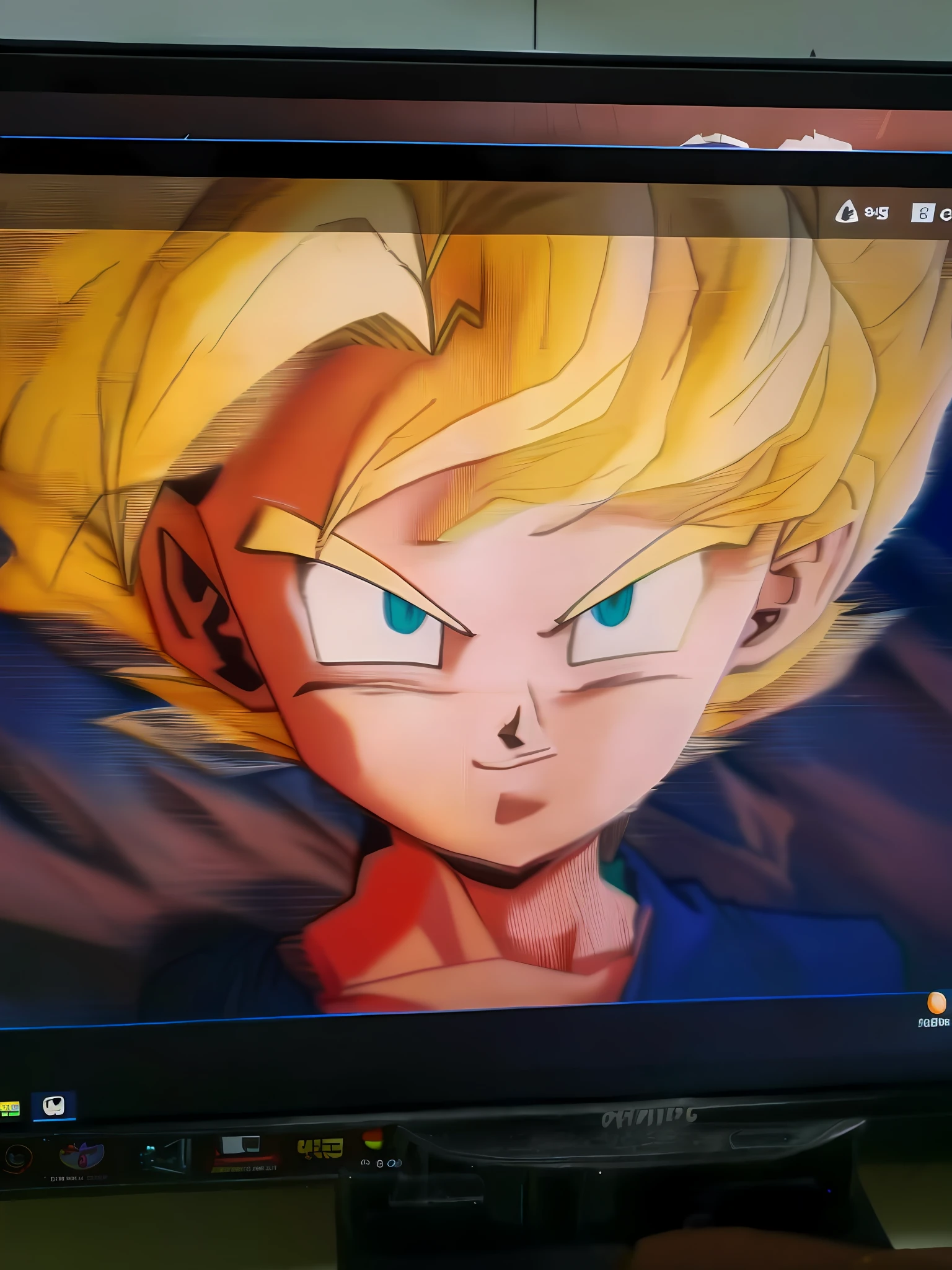 Cartoon image of young Gohan on TV, dragon ball artstyle, anime cels, dragon ball z style, anime cels, Anime style. 8K, pc screen image, low quality sharpened graphics, very very low quality picture, cel shading, cel shaded anime, anime 4 k, anime style hyper detailed, offcial art