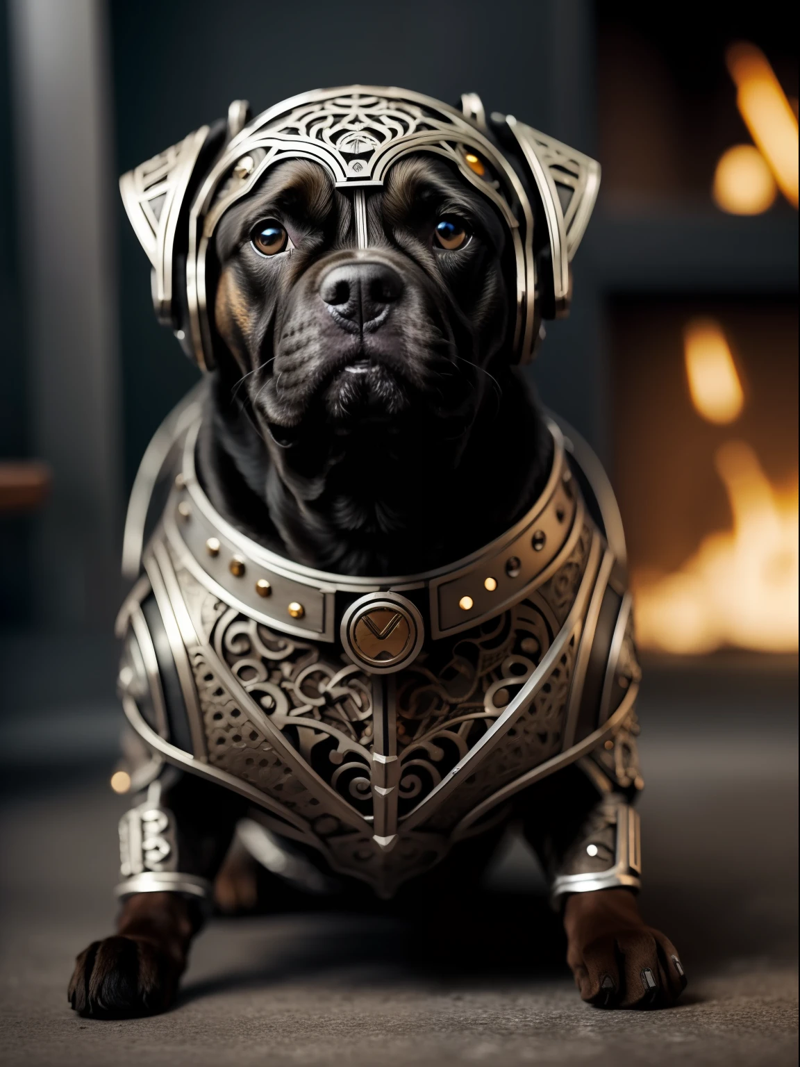 a cute dog wearing a metalwork, cyborg, ((intricate detail)), hdr, ((complex detail, super detail)), cinematic footage, textures, rich details,