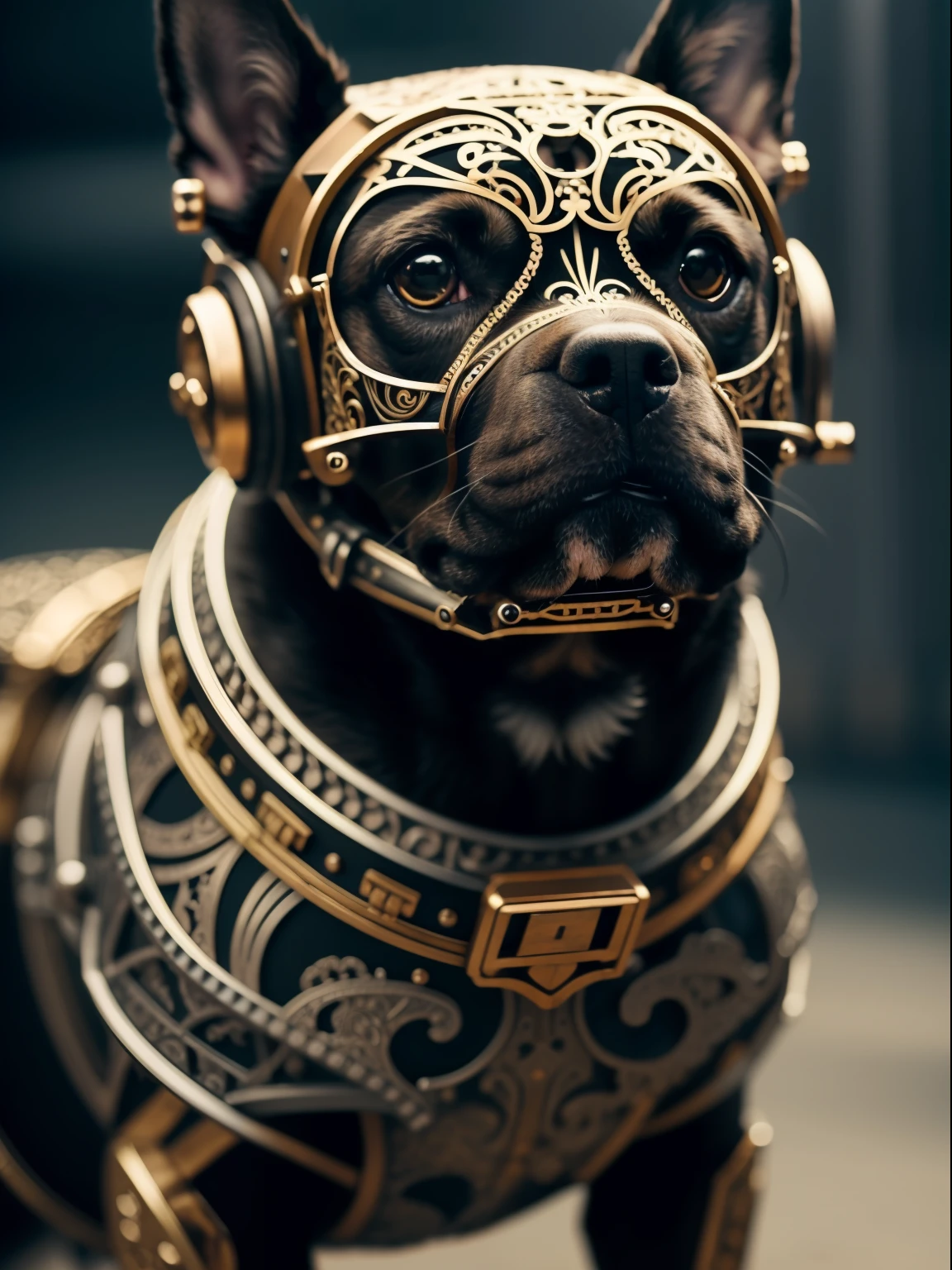 a cute dog wearing a metalwork, cyborg, ((intricate detail)), hdr, ((complex detail, super detail)), cinematic footage, textures, rich details,