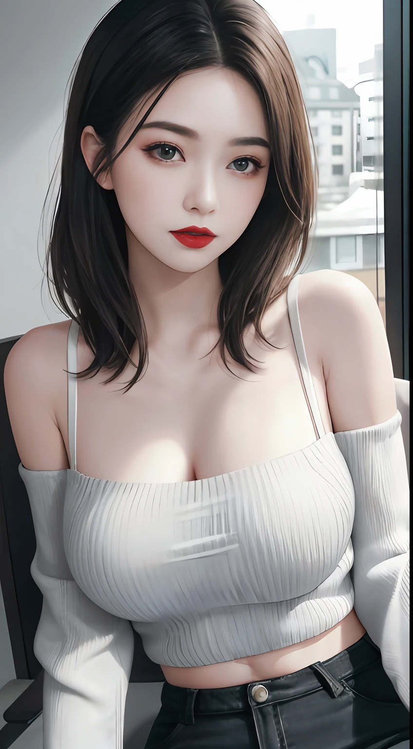 （complexdetails：1.3）， （best qualtiy：1.2）， （tmasterpiece：1.3）， realisticlying， 8K UHD， k hd， High-quality texture， complexdetails， Detailed textures， finedetail， high detal， Extremely detailed CG， Highqualityshadow， Realistic facial representation， beautifuldetails， （highdetailskin， skin detailed）， Detailed beautiful and delicate face， The face looks to the left， Detailed beautiful and delicate eyes， A perfectly proportioned face with a smile， filmgrain， depth of fields， cinematric light， Dramatic light， lens flare glow， Ray traching， ssee-through， 20s， （realisticlying：1.2）， 1girll， bare_shoulders， Portate， black_footwear， bblurry， blurry_background， bra_strap， nedium breasts， buliding， kawa， 鎖骨， Ccup， daysies， disposable cup， full bodyesbian， cparted lips， lipsticks， longer sleeves， looking at viewert， putting makeup on， off-the-shoulder shirts， off-shoulder sweater， cropped shoulders， exteriors， lacepantyhose， Redlip， The shirt， D-cups， short detailed hair， shorter pants， Sat down， ssmile， 独奏， stools， streaked， striped shirt