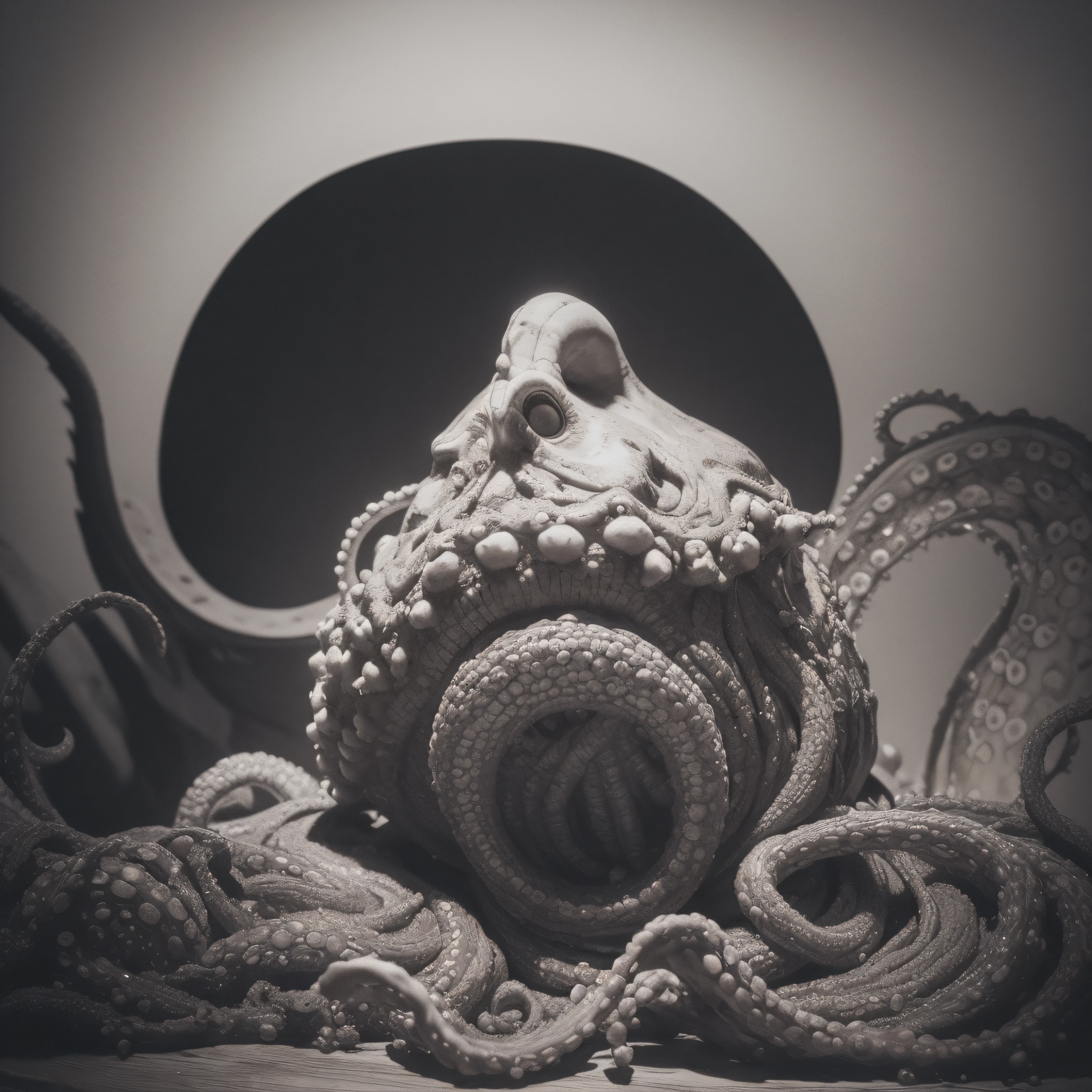 (extremadamente detallado, obra maestra, La mejor calidad), Estilo oscuro, intense illumination, rostro con arrugas, lengua larga, tentacle, deforme, monstruoso, interior de una piscina de agua verdosa, imagen submarina, alien con Colmillos finos, pico de pulpo amenazante. manchas de tinta. Rococo composition. Luz de caravaggio