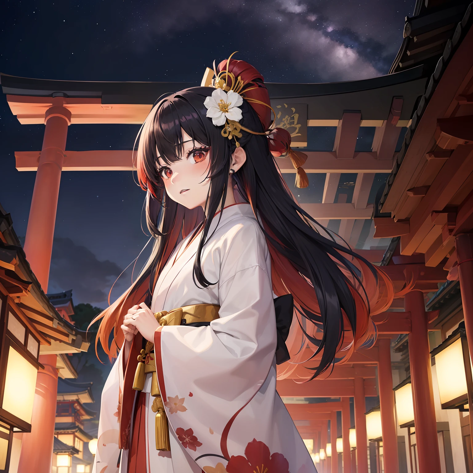watercolor paiting(Beautifully Aesthetic:1.2)、(1girl in:1.3)、(Higanbana hair、colourful hair、Half black and half red hair:1.2)、Eau、liquids、natta、colourfull、starrysky、stele、nigh sky、a dark night、Japanese dress、In front of a large torii gate with higan flowers in full bloom、Landscape painting
