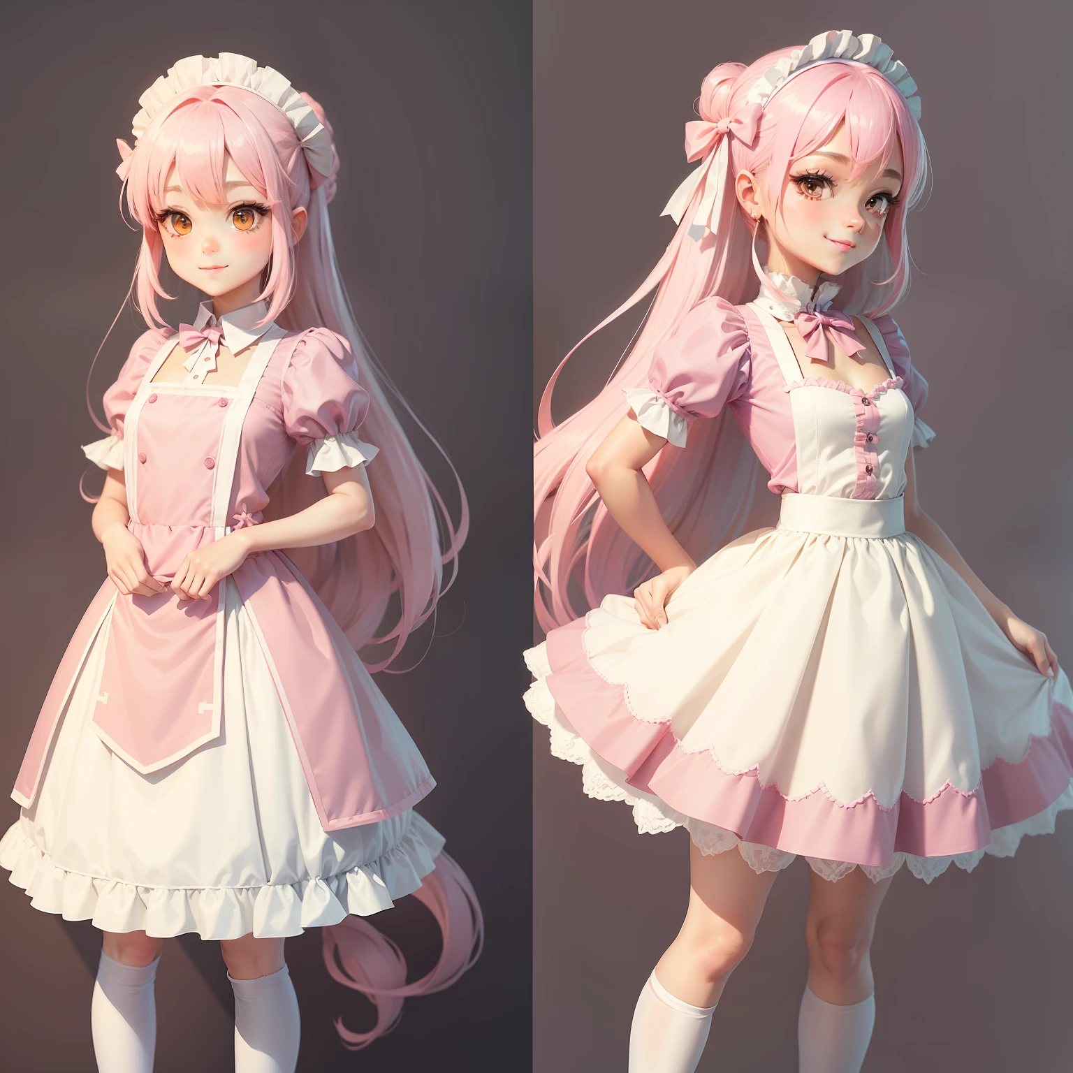 Kizi,Pixel art,Full body like,، simple,adolable。ssmile,dual horsetail,in pink,white colors,Small skirt。the maid outfit