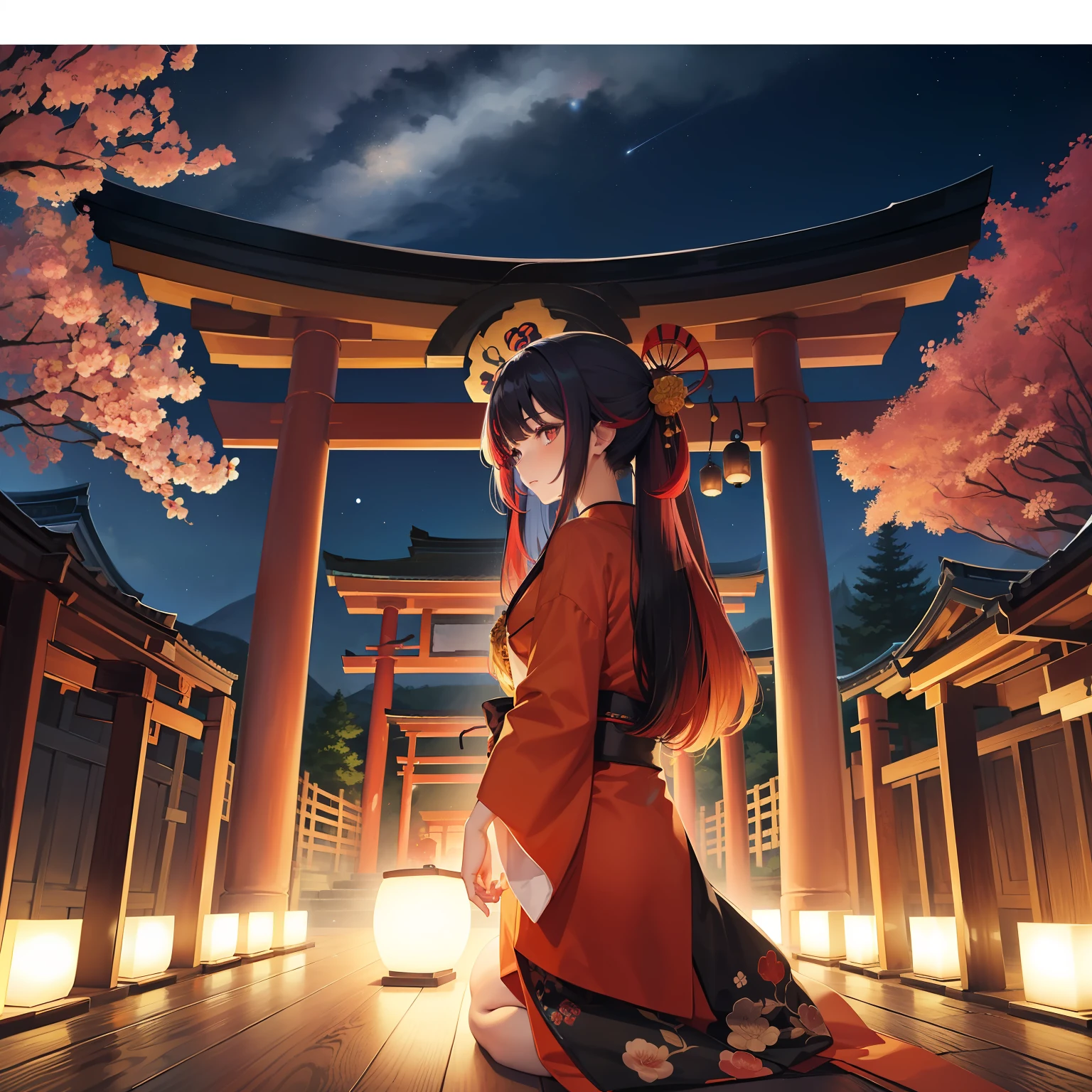 watercolor paiting(Beautifully Aesthetic:1.2)、(1girl in:1.3)、(Higanbana hair、colourful hair、Half black and half red hair:1.2)、Eau、liquids、natta、colourfull、starrysky、stele、nigh sky、a dark night、Japanese dress、In front of a large torii gate with higan flowers in full bloom、Landscape painting