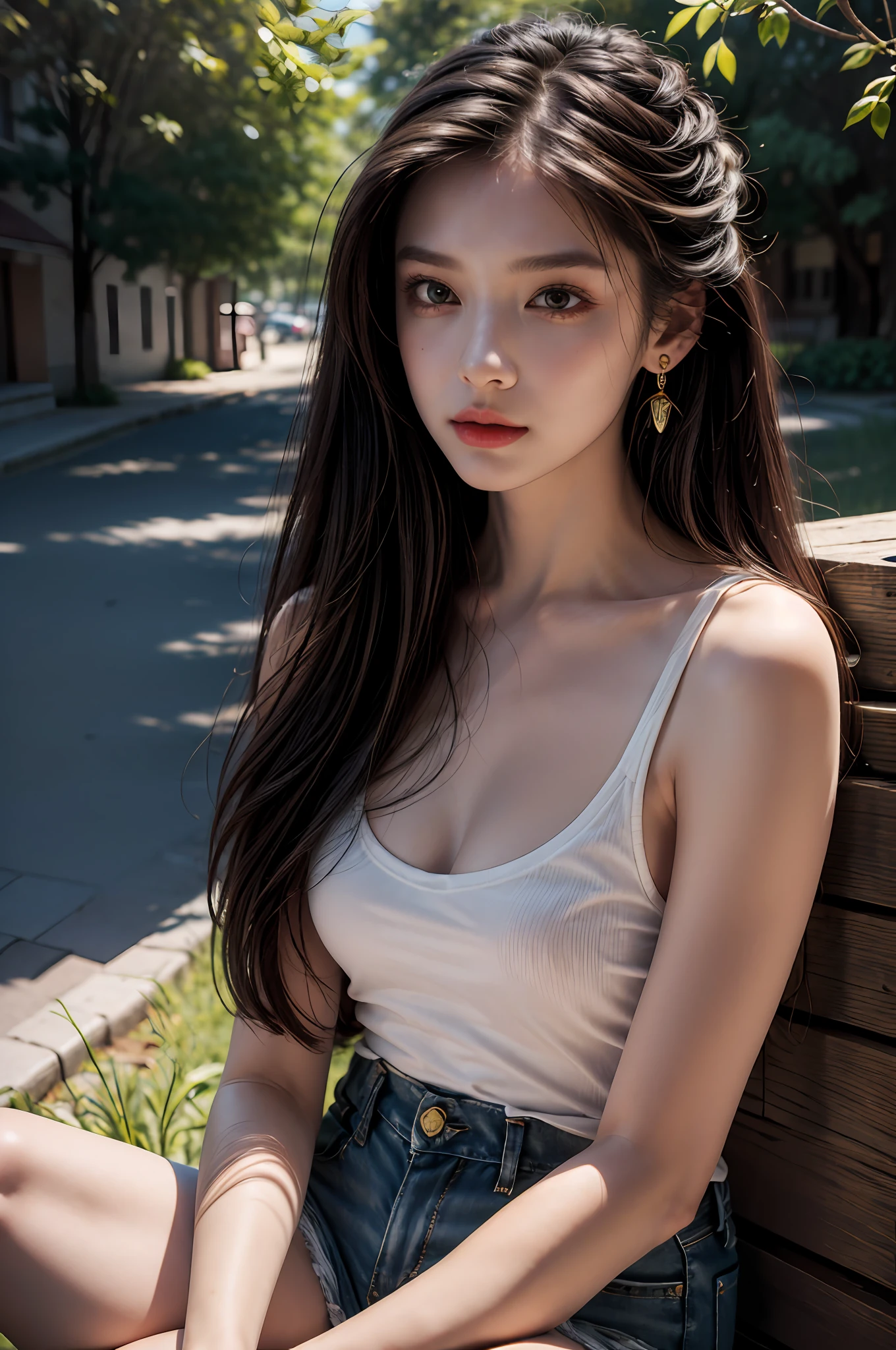 Best quality, masterpiece, super high resolution, (realistic: 1.4), original photo, (evening street), 1 girl, black eyes, looking at the audience, long hair, light makeup, lips, small ears, white t-shirt, denim shorts, earrings, sitting Ferrari, big breasts, slim