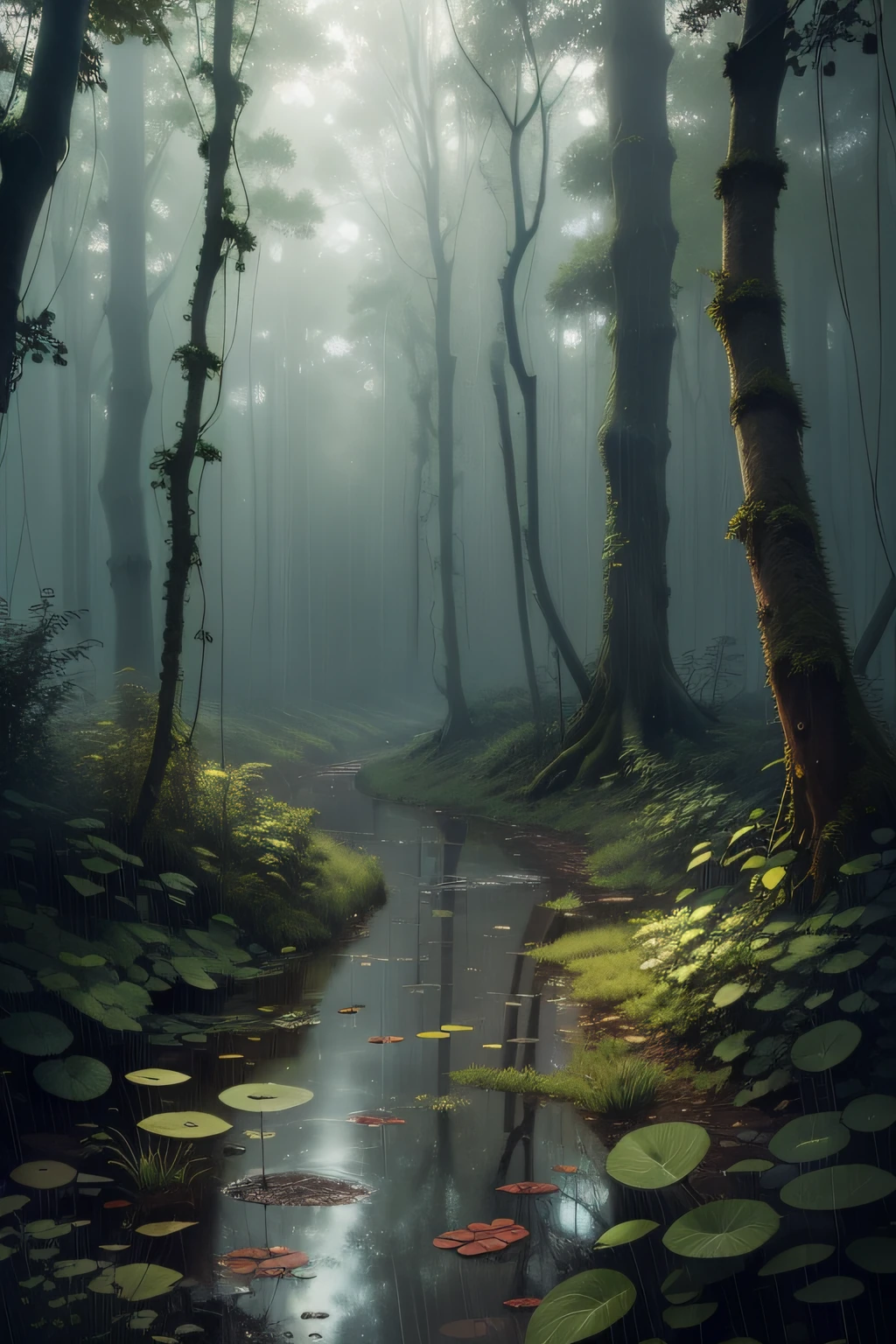 rained，ln the forest，frogs，bushes，spiderwebs