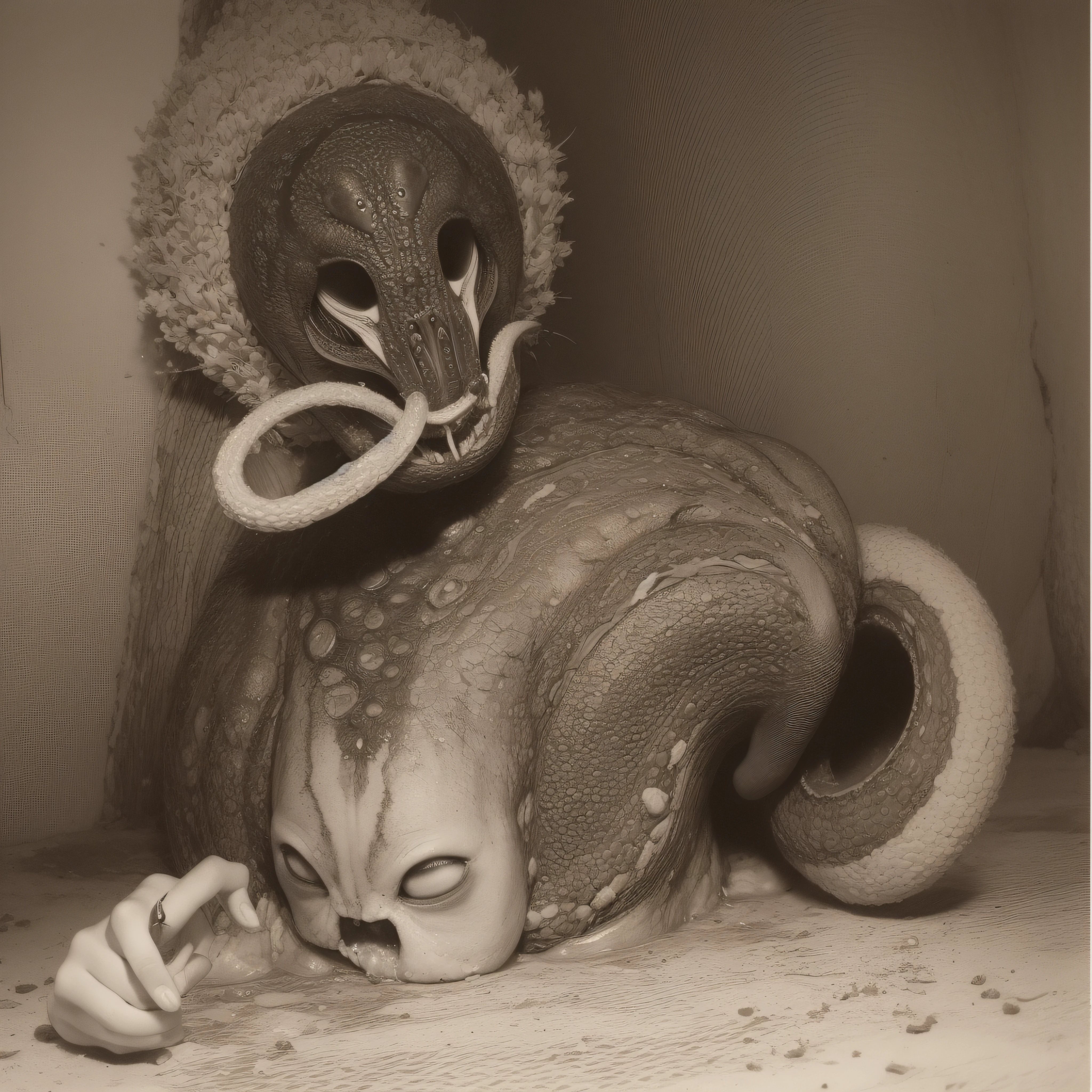 (extremadamente detallado, obra maestra, La mejor calidad), Estilo oscuro, intense illumination, rostro con arrugas, lengua larga, tentacle, deforme, monstruoso, interior de una piscina de agua verdosa, imagen submarina, alien con Colmillos finos, pico de pulpo amenazante. manchas de tinta. Rococo composition. Luz de caravaggio