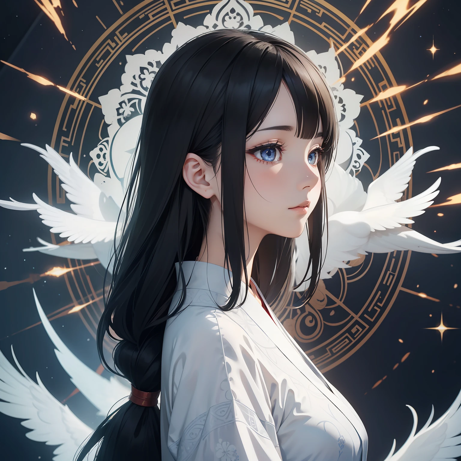 In a different world where mandala murals spread、Beautiful woman in Japanese clothes appeared。She is dressed in pure white.、Beautiful contrast between clear white skin and black hair、It was like a swan。 however、It's an eerie atmosphere。 She showed her profile、His eyes seemed to look far away.。In its expression、Melancholy and sadness ooze.、I was made to feel her strong-willed inner self。 In the background、There are geometric patterns like mandala paintings and Buddhist symbols.、A mysterious space spreads out。 This art is、Beauty and creepiness、And it expresses a mysterious worldview that fuses mystique.......。Opening the door to another world that cannot be touched、You will be able to feel the mystery of the world。Strong elements of aging science fiction。Colorful and horror。profile。Detailed and meticulously drawn。3D Art。android。Like the hero of an adventure。disaster々Or。Be pure。More three-dimensional。