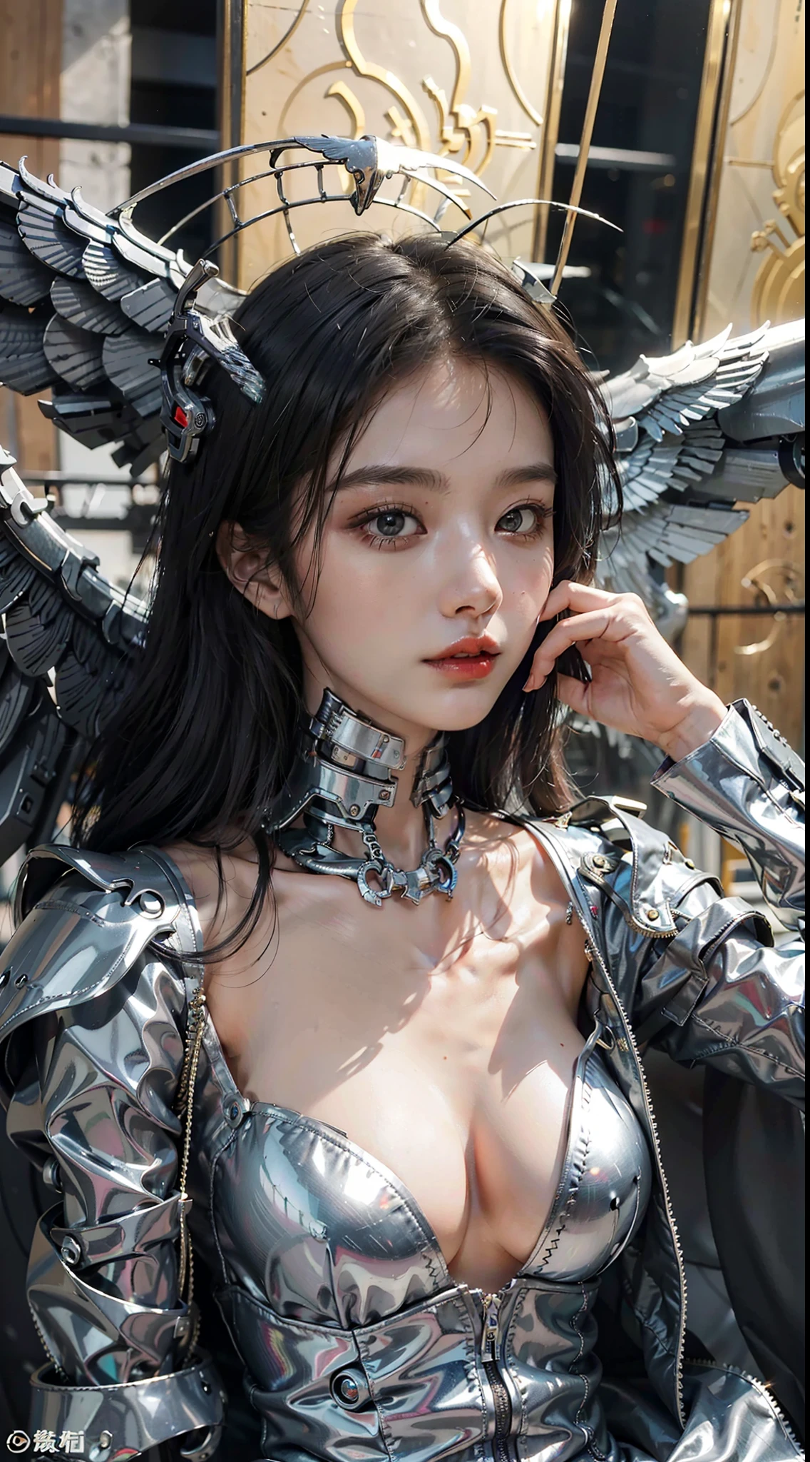 best qualtiy,Refined face,25岁少女,Slim figure,A body made of metal,Larger bust,Metallic structural skeleton,huge angel's wings,cyber punk perssonage,sci-fy,Sexy revealing figure