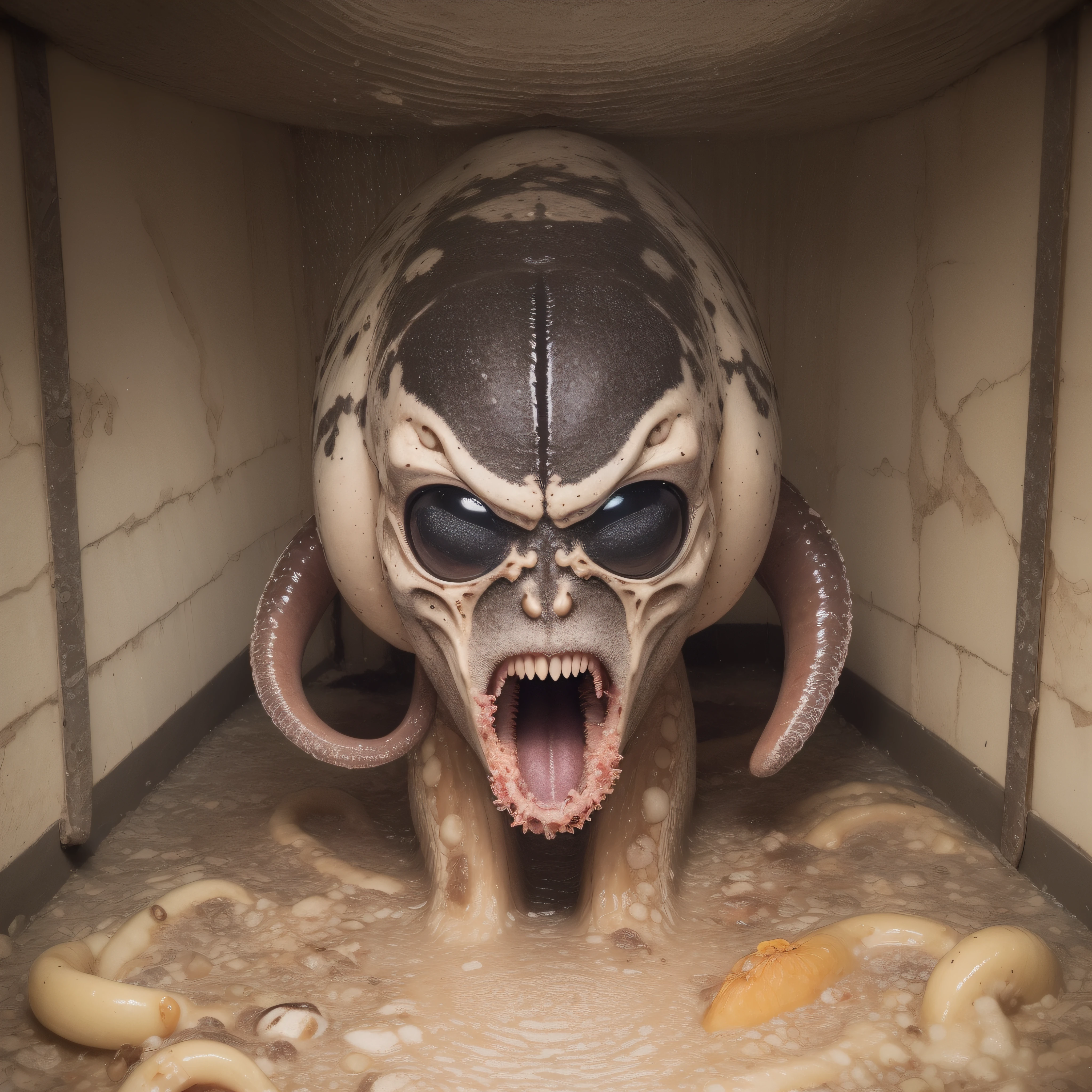 (extremadamente detallado, obra maestra, La mejor calidad), Estilo oscuro, intense illumination, rostro con arrugas, lengua larga, tentacle, deforme, monstruoso, interior de una piscina de agua verdosa, imagen submarina, alien con Colmillos finos, pico de pulpo amenazante. manchas de tinta. Rococo composition. Luz de caravaggio
