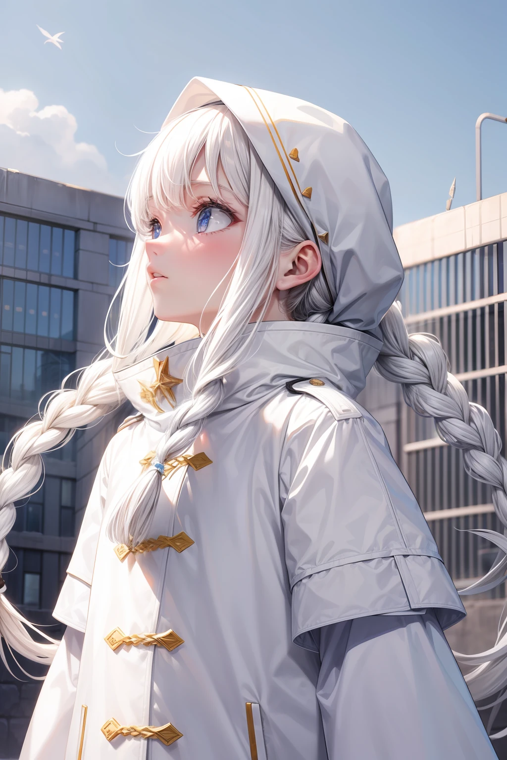Manteau blanc,white skinned,whaite hair,long braid,Look up,The upper part of the body,Need,tmasterpiece