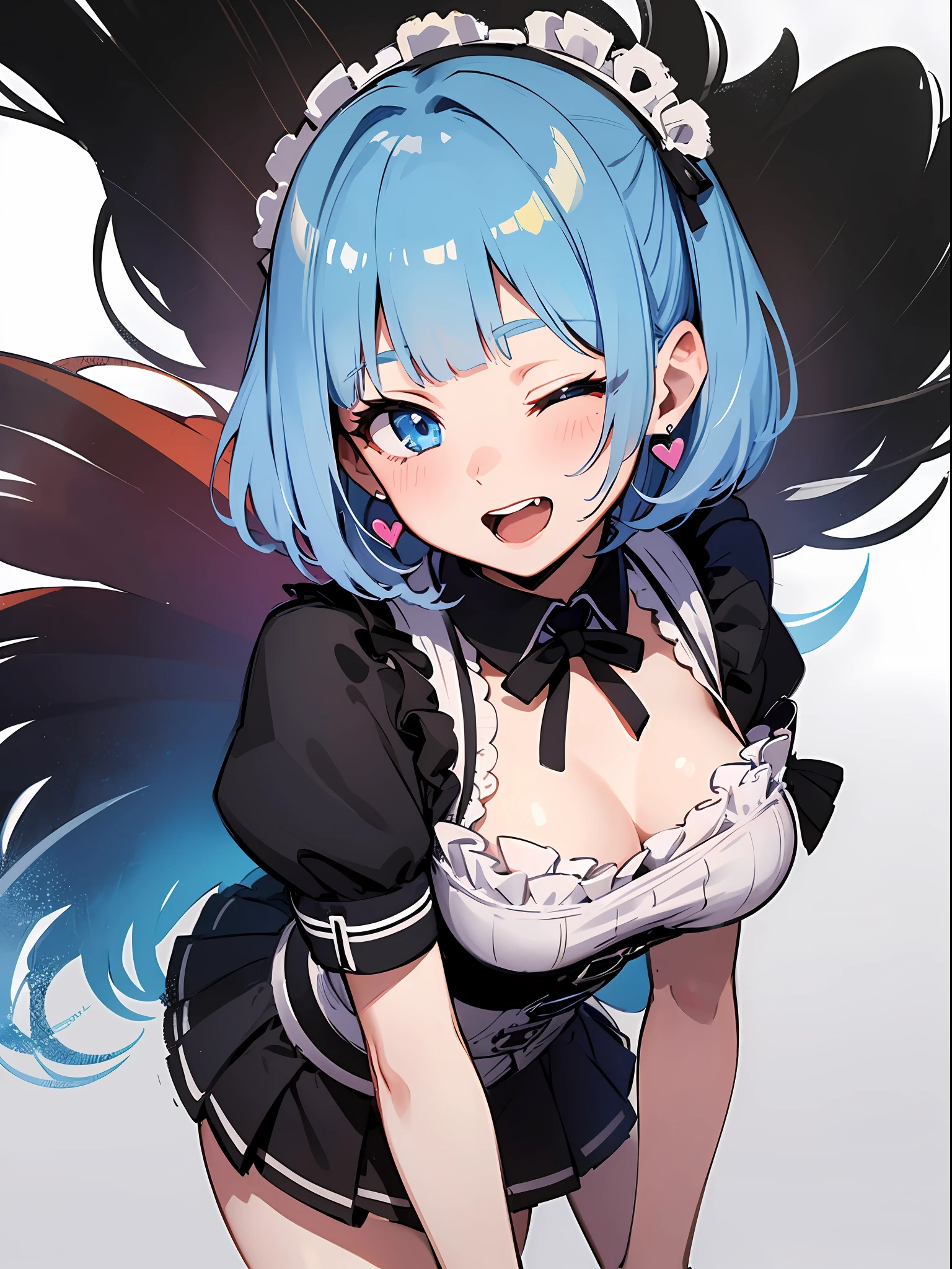 (masterpiece:1.3), (best quality:1.3), high resolution, 


couboy shot, 
leaning forward, body facing forward, 

(one cute girl:1.3), solo, 
white skin, small Breast, eight-headed person, 
light blue hair, (bobbed hair:1.2), (short hair:1.1), (blunt bangs:1.2), beautiful hair, blue eyes, beautiful detailed eyes, 

open mouth, heart, cheerful smile, one eye closed, 

maid, frill, miniskirt, earrings, 

(white background:1.2), simple background, 

shadowlighting,