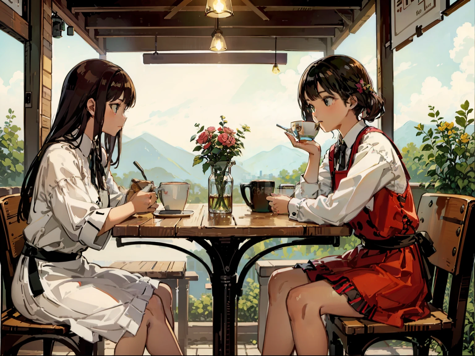 Two girls,Sitting in a café,Coffee is drinking display