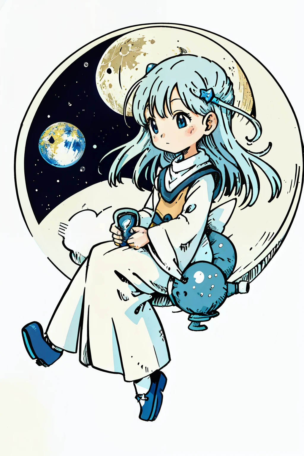 A woman sits on a crescent moon with stars and a crescent moon, calm evening. Digital illustration, Girl sitting in space, dreamlike illustration, ☁🌪🌙👩🏾, sitting on a moon, in style of digital illustration, Flat illustration, girl looks at the space, lunar goddess, serene illustration, flowing hair and long robes, Anime girl with long hair，adolable，illustration，Stick figure style，Master's，4K，background color is white，Simple lines，Cartoony，cute female child，2D，planar