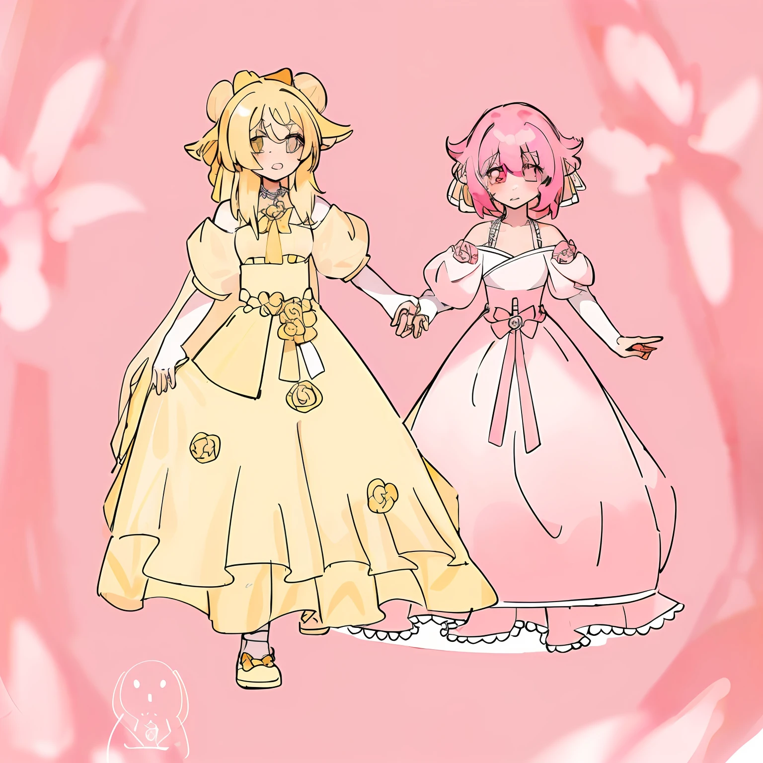 (Yellow-haired girl:1.4),(Pink-haired girl:1.4),(Yellow wedding dress),(Pink wedding dress),(Hand in hand:1.2),(Wedding scene),(Western-style weddings),(style of anime)