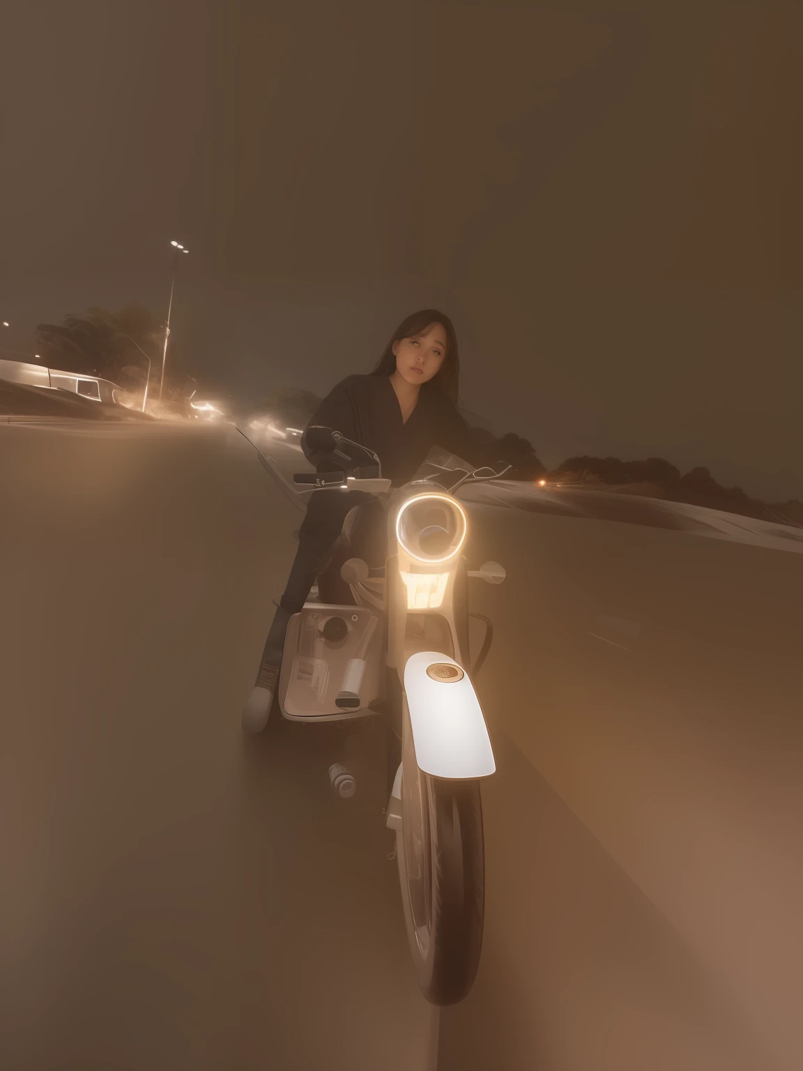 "Utilize AI to enhance the lighting and background of the image while maintaining the integrity of the face and body. Incorporate a natural-looking rainy atmosphere to create an evocative scene. Ensure the final result is a seamless blend of the subject, background, and weather elements."