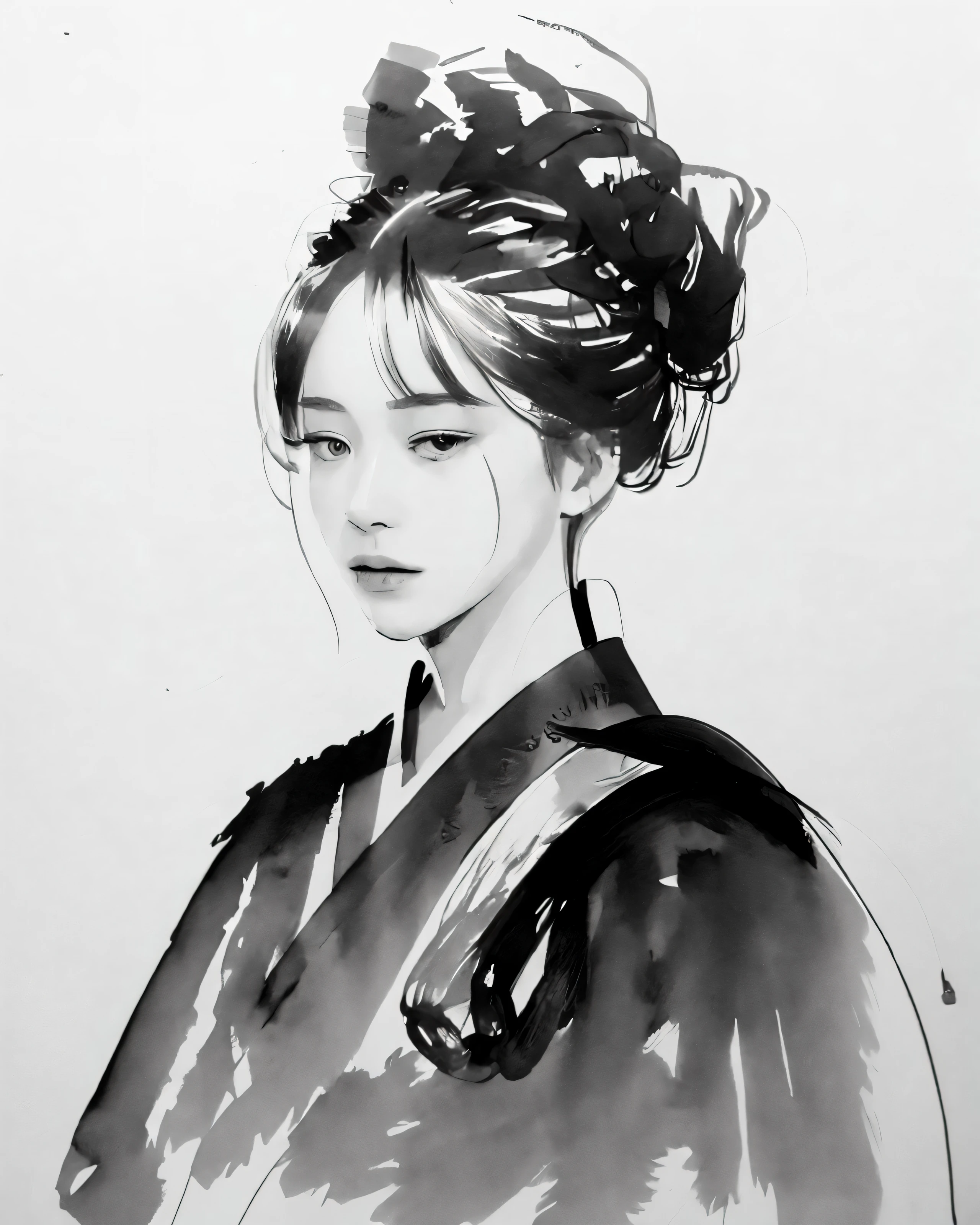 zydink, monochrome, ink sketch, face focus, 1girl, looking at viewer, updo, hanfu, chinese clothes, long sleeves, white background