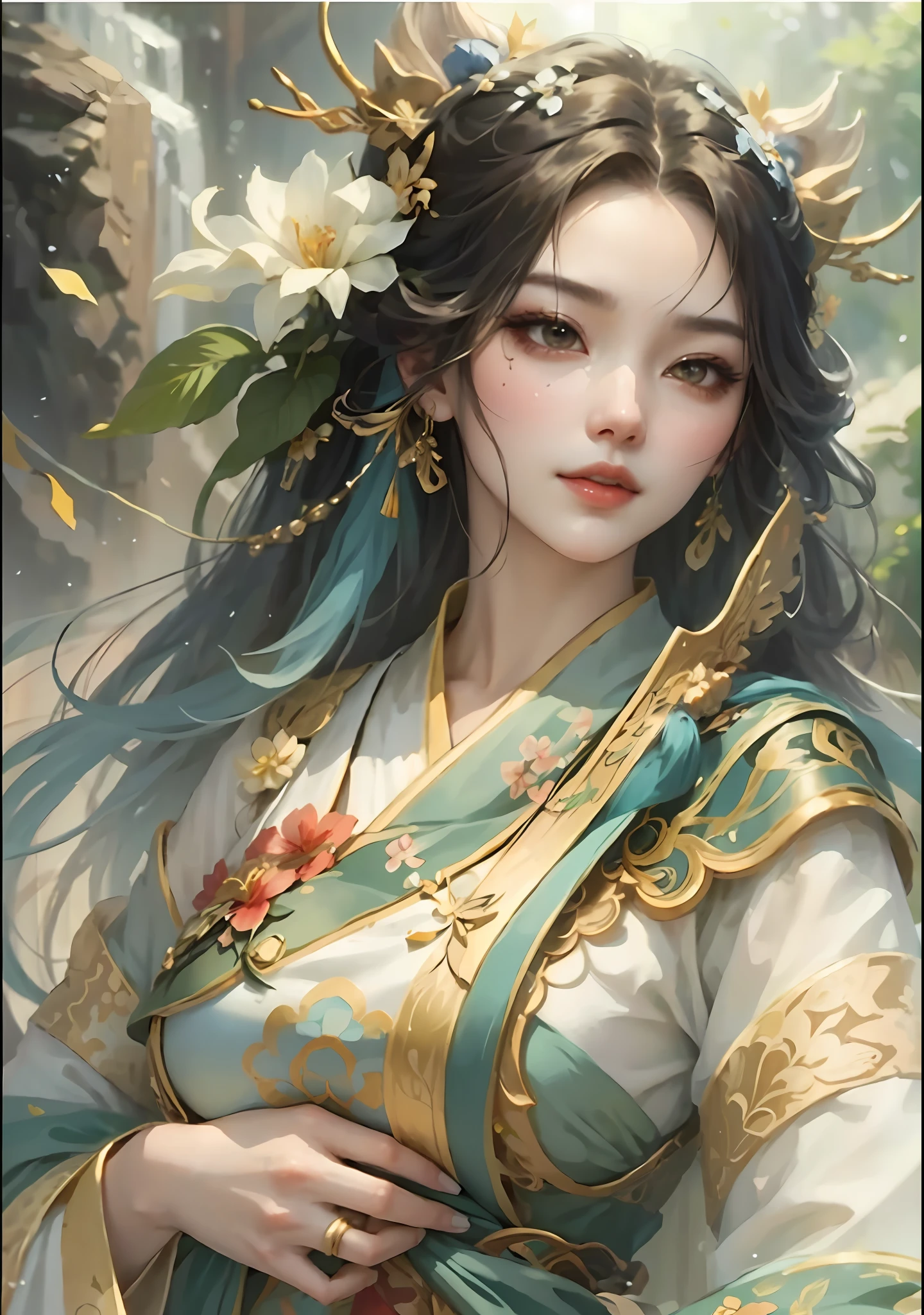 Close up of a woman in a blue dress and flowers, style of wlop, Inspired by Lan Ying, Extremely detailed Artgerm, art-style, Beautiful character painting, Flowing hem，China-style，Chinese-style clothing，Exquisite headdress，Refinement，Fine painting，Refinement，infinite details，high definition detail，Patterned，Pattern，Blank background，Bright colors，Metal edging