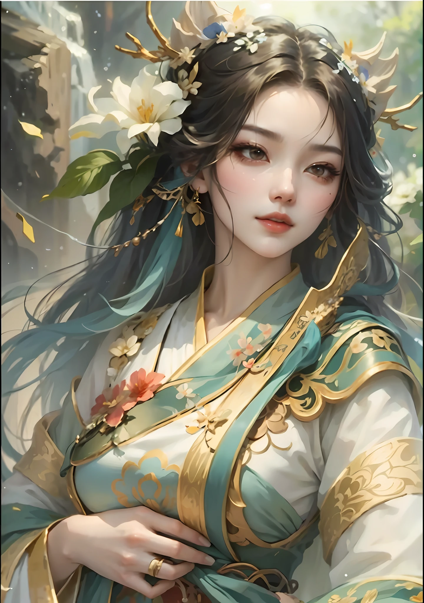 Close up of a woman in a blue dress and flowers, style of wlop, Inspired by Lan Ying, Extremely detailed Artgerm, art-style, Beautiful character painting, Flowing hem，China-style，Chinese-style clothing，Exquisite headdress，Refinement，Fine painting，Refinement，infinite details，high definition detail，Patterned，Pattern，Blank background，Bright colors，Metal edging