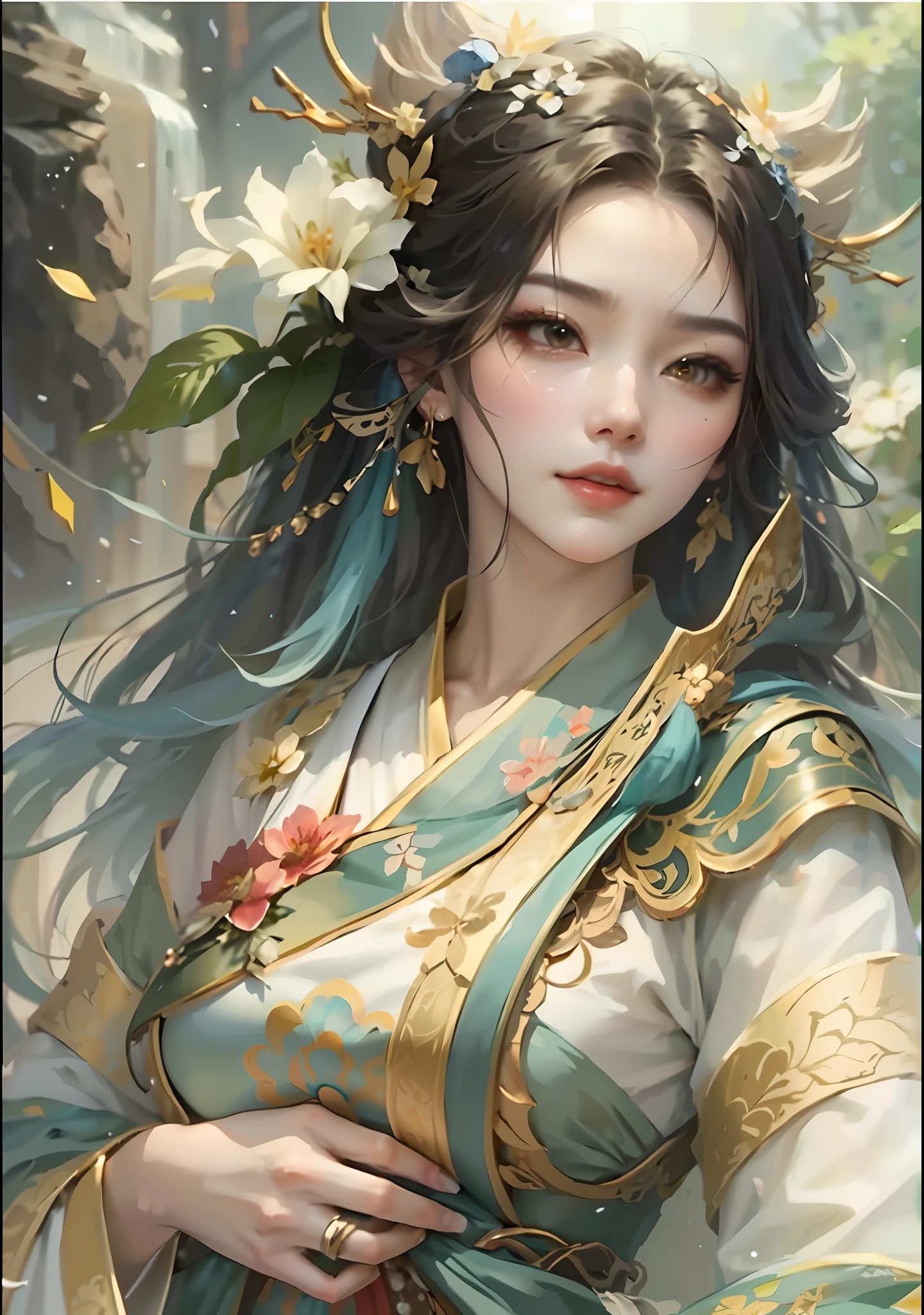 Close up of a woman in a blue dress and flowers, style of wlop, Inspired by Lan Ying, Extremely detailed Artgerm, art-style, Beautiful character painting, Flowing hem,China-style,Chinese-style clothing,Exquisite headdress,Refinement,Fine painting,Refinement,infinite details,high definition detail,Patterned,Pattern,Blank background,Bright colors,Metal edging