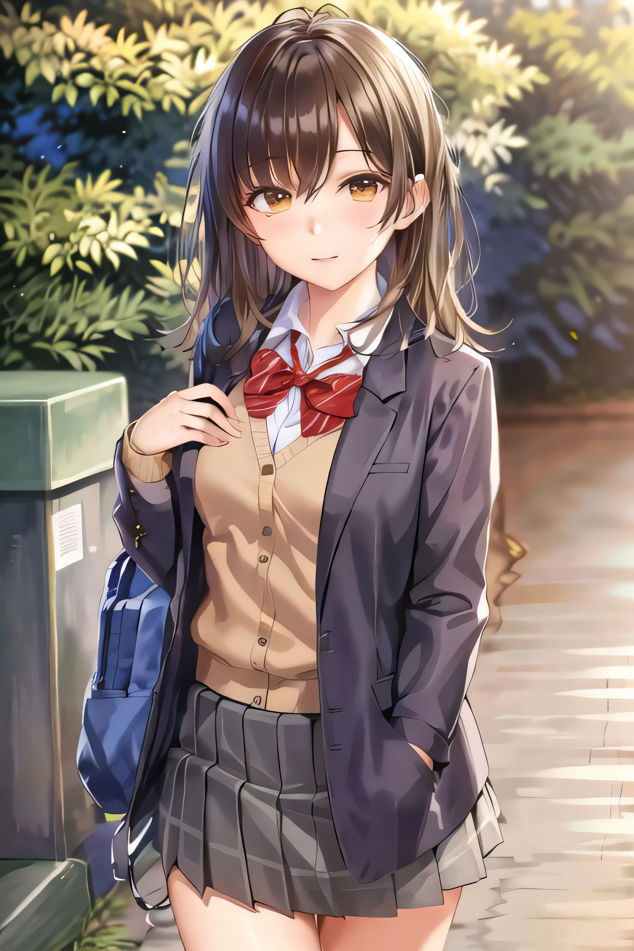 ogiwara sayu, 1girl, solo, school uniform, long sleeves, skirt grey, blush, (absurdres), (highres), looking at viewer, walking in the park, (extremely detailed CG unity 8k wallpaper,masterpiece, best quality, ultra-detailed)