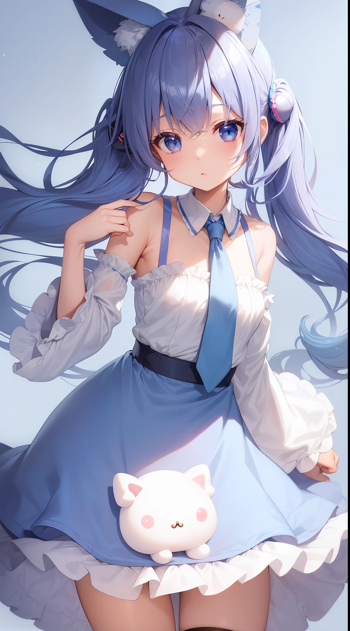 1girl in, Solo, Cinnamiku, Blue hair, Blue eyes, hair rings, Hair Bow, blue bow, (cinnamoroll, tied ears, sanrio, 1other, creature:1.2) Black sleeves, Bare shoulders, blue necktie, Wide sleeves, Collared shirt, Detached sleeves, neck tie, blue necktie, kawaii,