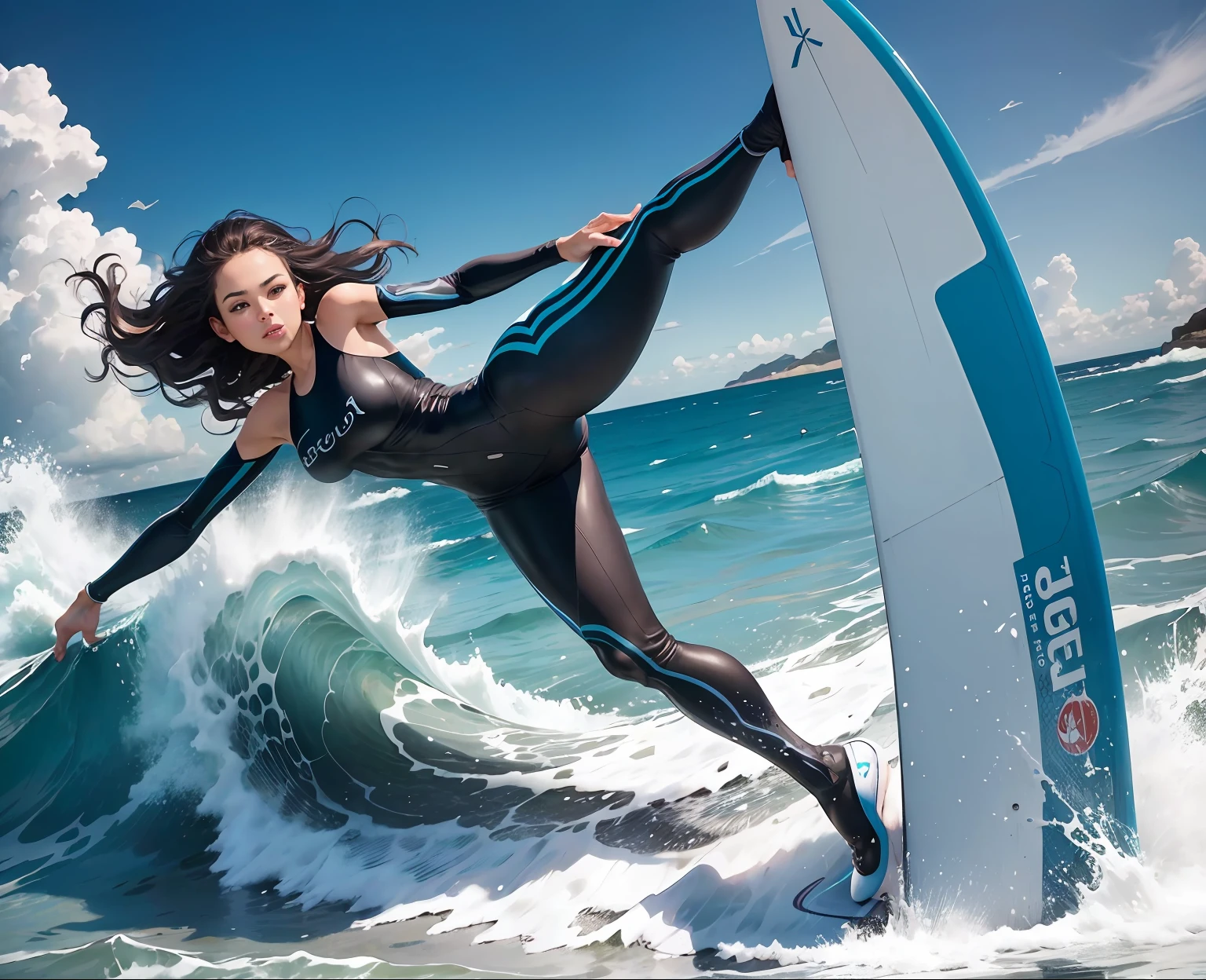 Ride the perfect waves,Surfers glide gracefully across the water,Her body is gracefully positioned,A beautiful woman,Wear sexy tights,Create beautiful arcs in curly blue waves,Capture the excitement and freedom of the moment, photography of,using a wide angle lens(24mm)