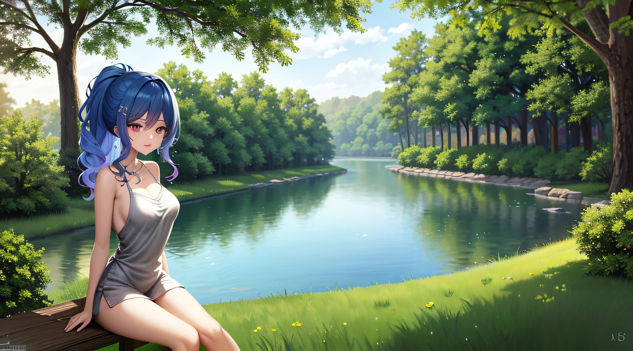 Anime girl sitting on grass by the lake,There are signs of peace, Anime Lush John 8K Forest, style of anime4 K, Artgerm and Atey Ghailan, sitting at a pond, Anime Nature, trending on artstation pixiv, Anime art wallpaper 8 K, perto de um lago, anime nature wallpap, Anime style. 8K, High quality anime art style