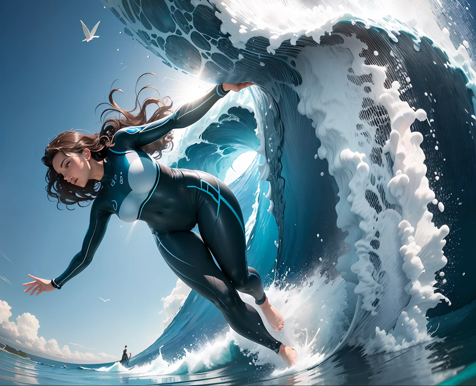 Ride the perfect waves,Surfers glide gracefully across the water,Her body is gracefully positioned,A beautiful woman,Wear sexy tights,Create beautiful arcs in curly blue waves,Capture the excitement and freedom of the moment, photography of,using a wide angle lens(24mm)