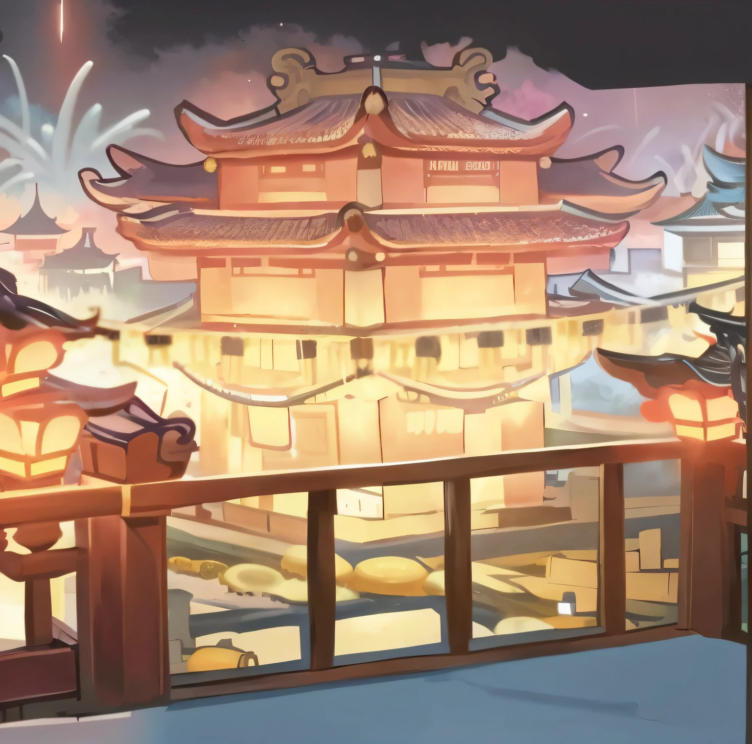 Anime scene of Japanese architecture with lanterns and birds, background artwork, arte de fundo, town background, riot background, Temple background, town center background, highschool background, Onmyoji detailed art, palace background, Anime background art, background depicting a temple, dreamy Chinese towns, background hyper detailed, digital painting of a pagoda, Epic background, nightime village background