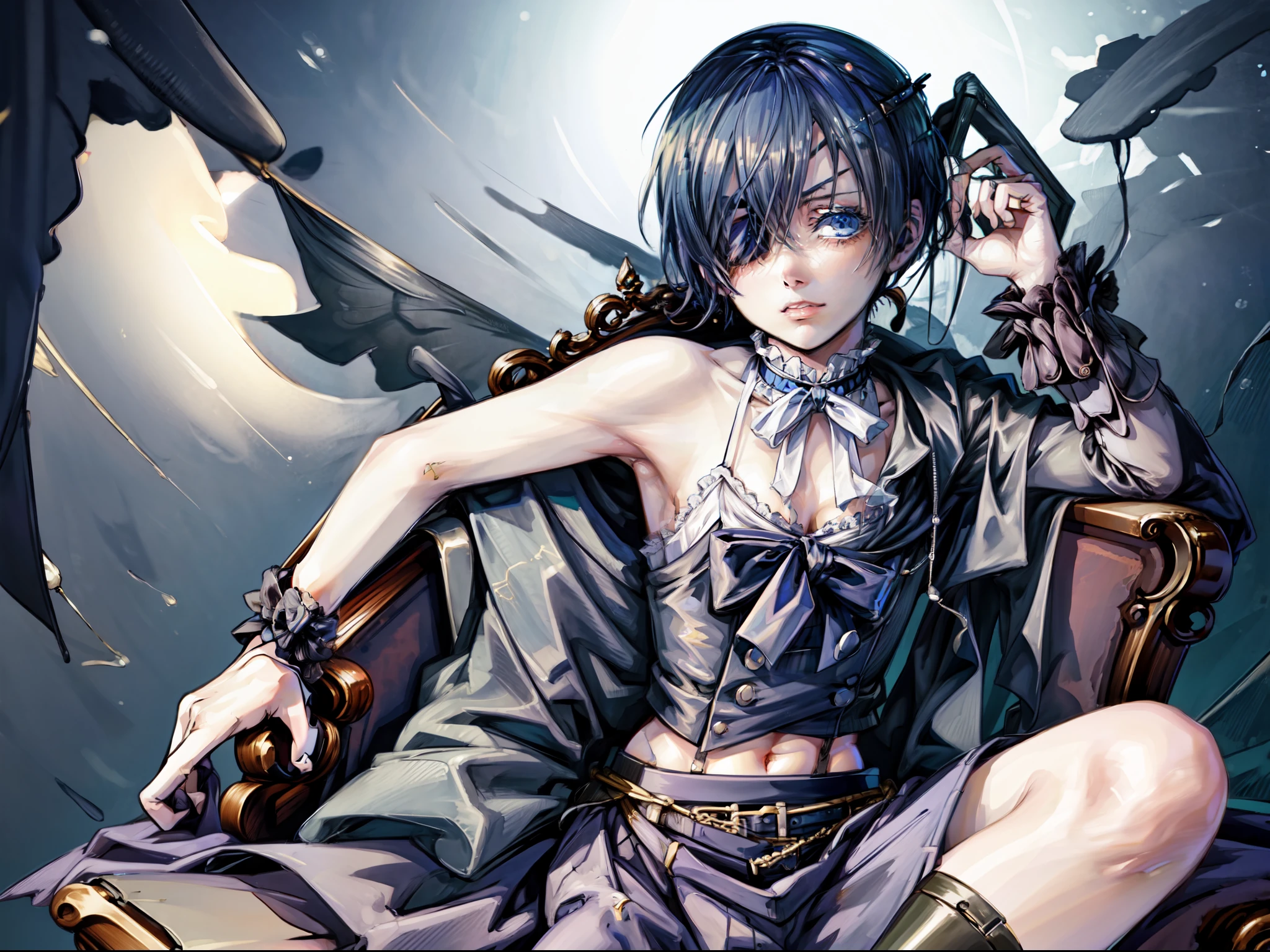 Ciel phantomhive, armpit, croptop, no pants, Sit on the chair