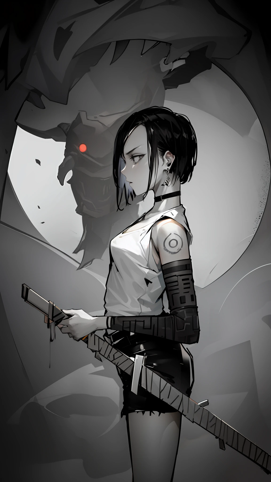 A girl holds a knife，The girl's side，With a collar around the neck，The background is a monster,  mostly greyscale, The demons，with short black hair，whitet-shirt，Black  shorts，with tattoo on the arm，bandagens，Sharp eyes，ear studs，The demons，teeth，Devil's Eye，white backgrounid，circle of the crone，（serious expressions）