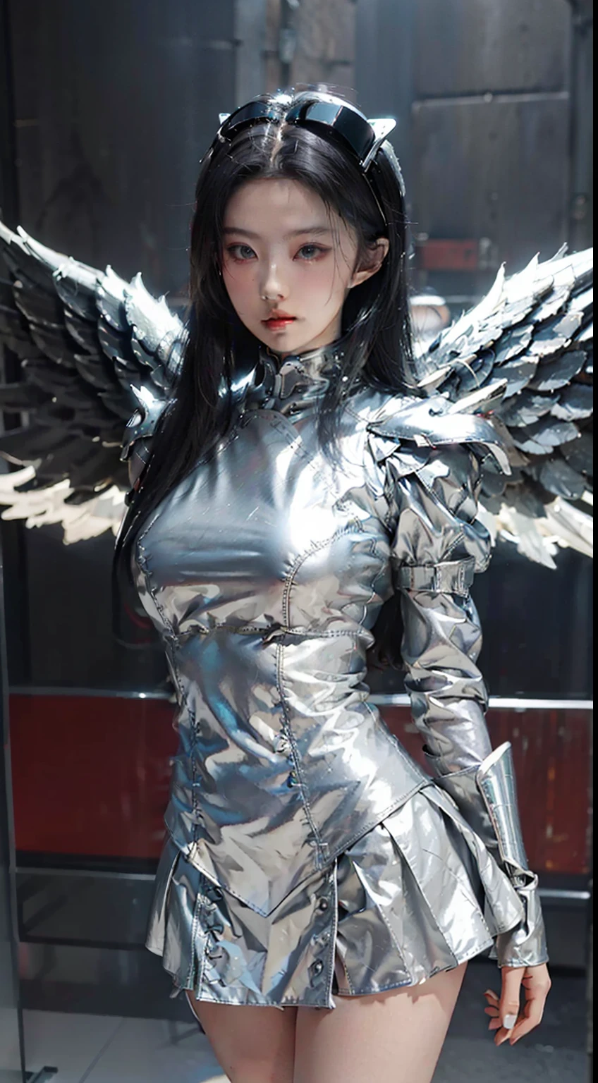 best qualtiy,Refined face,25岁少女,Slim figure,Sexy revealing silver armor,Miniskirt made of silver metal,Larger bust,Huge white angel wings,cyber punk perssonage,sci-fy,Sexy revealing figure
