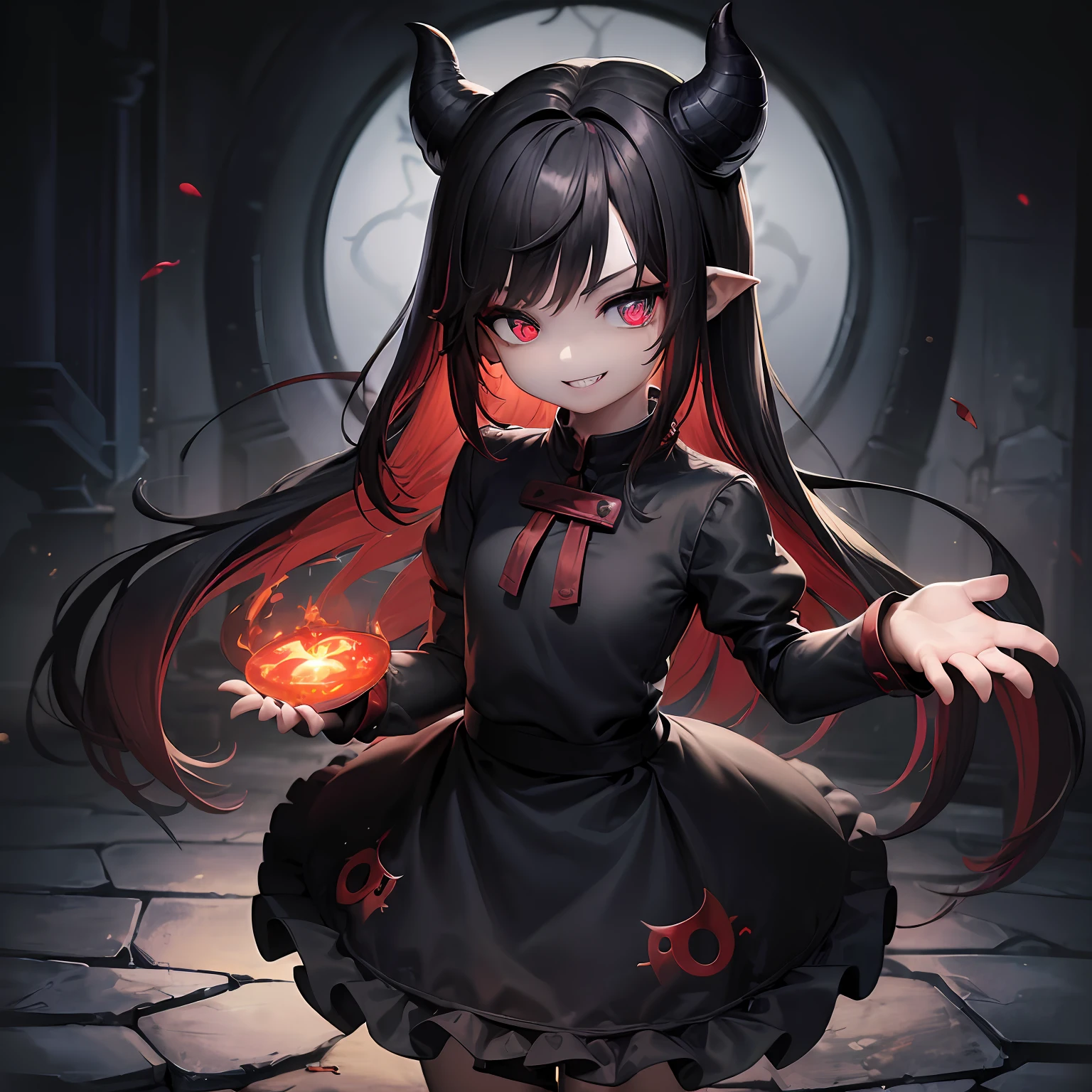 ((masterpiece、top-quality))、(Complex lighting)、Small Devil、独奏、full body Esbian、1girl in、red eyes、Long Black Hair、Red Shirt、a black skirt、absurderes, Grayscale BreakGuess Gaze、(evil smile:1.4)、looking at the viewers、sharpteeth、(Crazy blue eyes with small pupils:1.2)、yandere、Chibi、