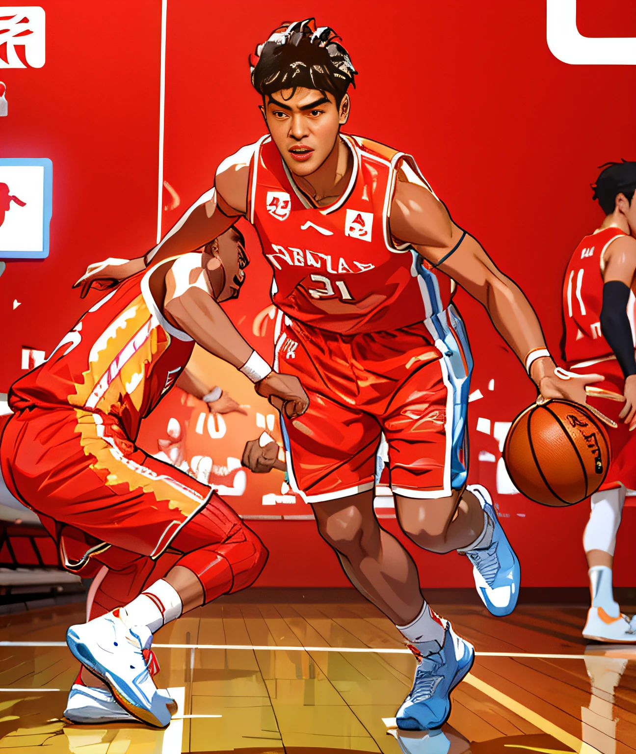 Line drawing，Line stroke，Wang Zhelin，hand painted style，lineworks，sense of strength，basketball player，Red clothes，basketball ball，Exquisite poster，best qualtiy，high high quality