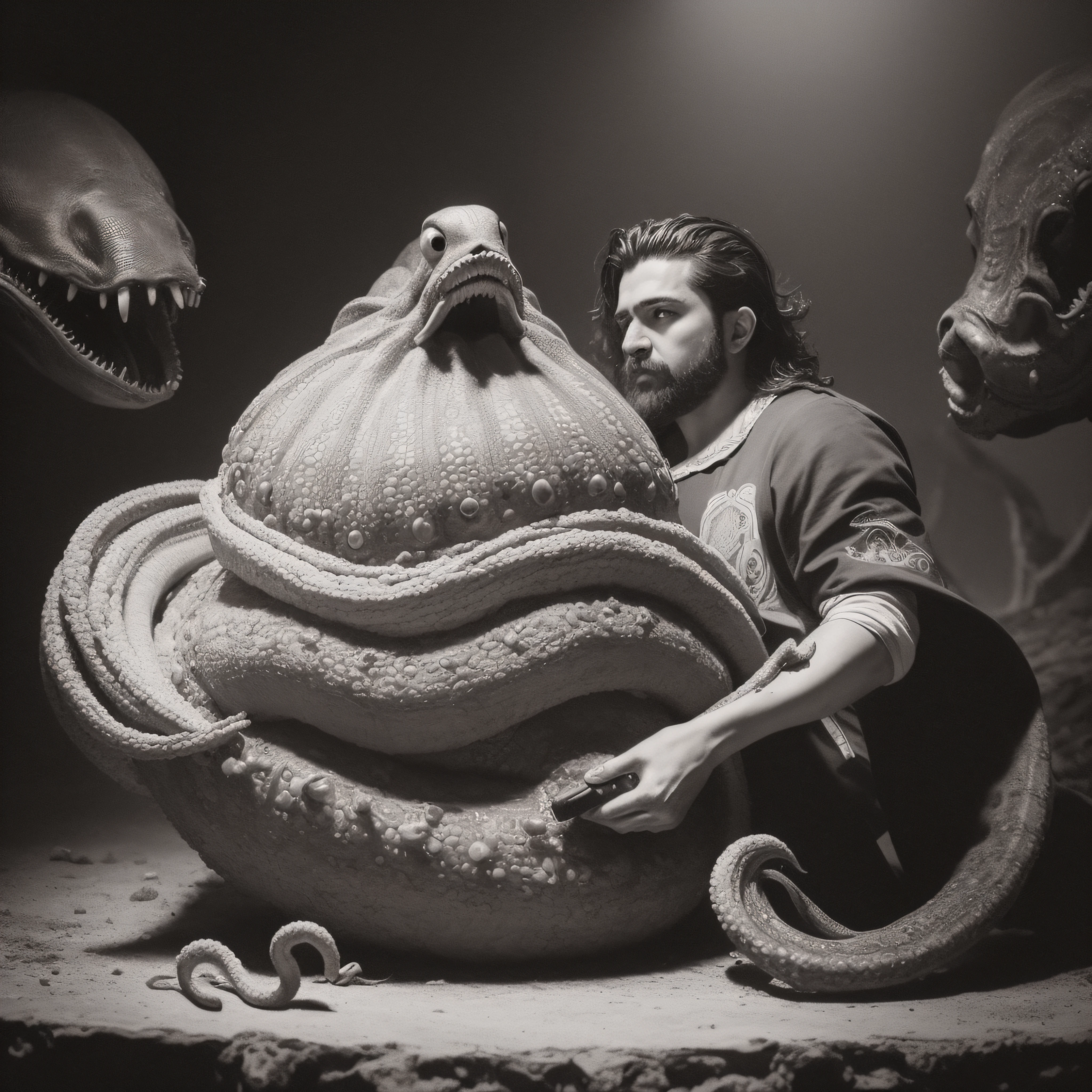 (extremadamente detallado, obra maestra, La mejor calidad), Estilo oscuro, intense illumination, rostro con arrugas, lengua larga, tentacle, deforme, monstruoso, interior de una piscina de agua verdosa, imagen submarina, alien con Colmillos finos, pico de pulpo amenazante. manchas de tinta. Rococo composition. Luz de caravaggio