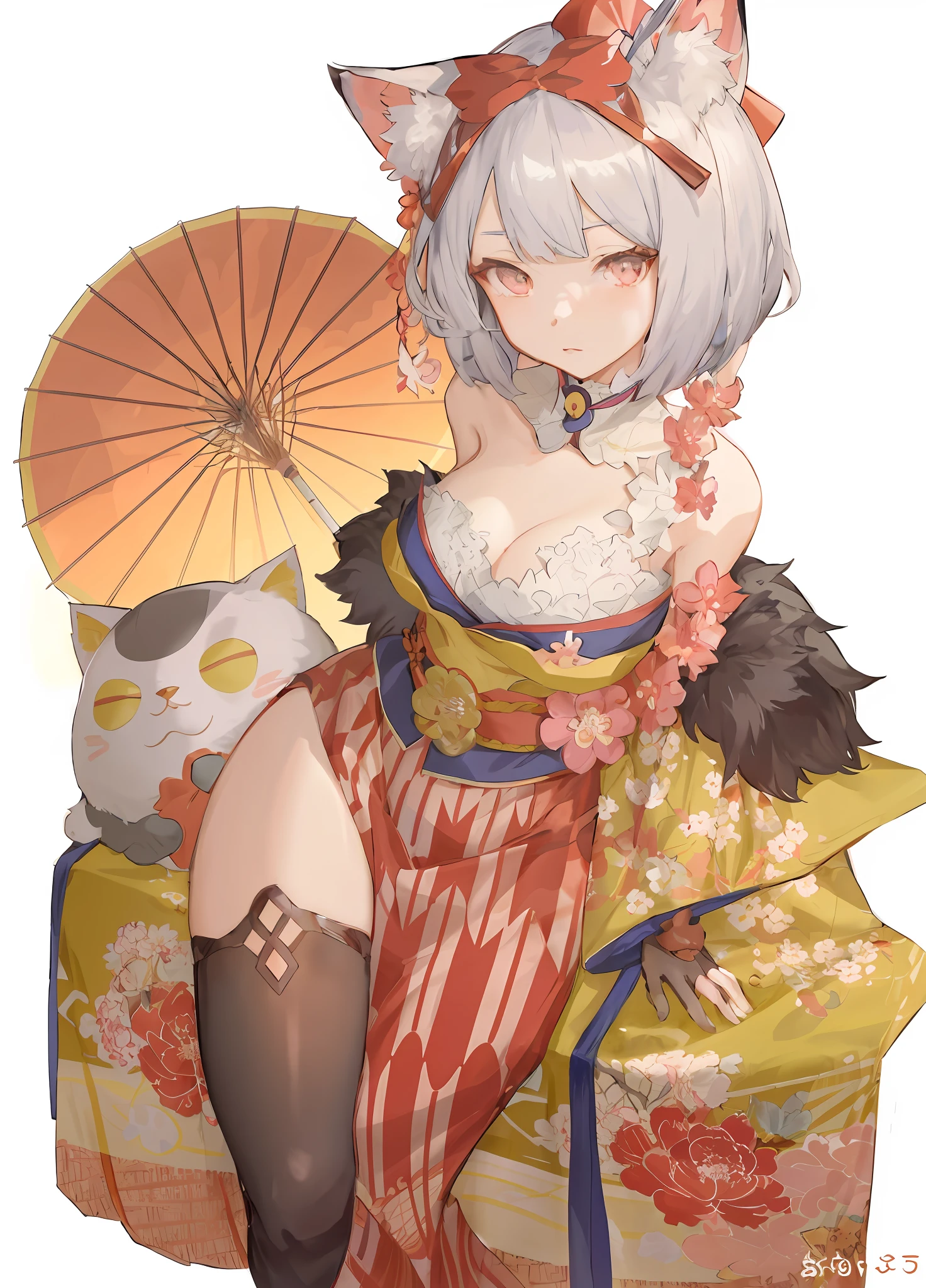 Anime girl sitting on chair with cat and umbrella, beautiful anime catgirl, in a kimono, komono, seductive anime girls, cute anime waifu in a nice dress, shikamimi, Best anime 4k konachan wallpaper, Ayaka Genshin impact, onmyoji, beautiful and seductive anime woman, anime woman, Onmyoji detailed art