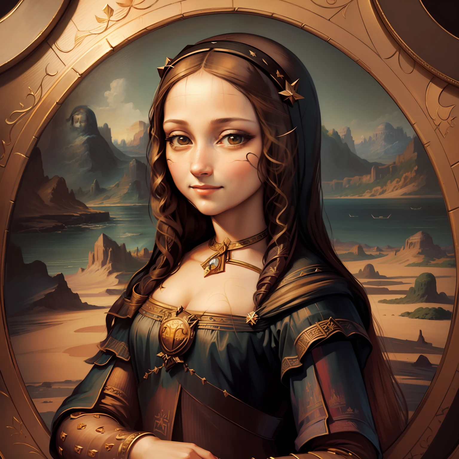 A picture of Arad drawn by a smiling woman, ((monalisa)), mona lisa as a real person, monalisa, monalisa, mona lisa style, mona lisa painting, similar to the mona lisa, painting of mona lisa, portrait of the mona lisa, monalisa, ( davinci ), negative no not mona lisa pose