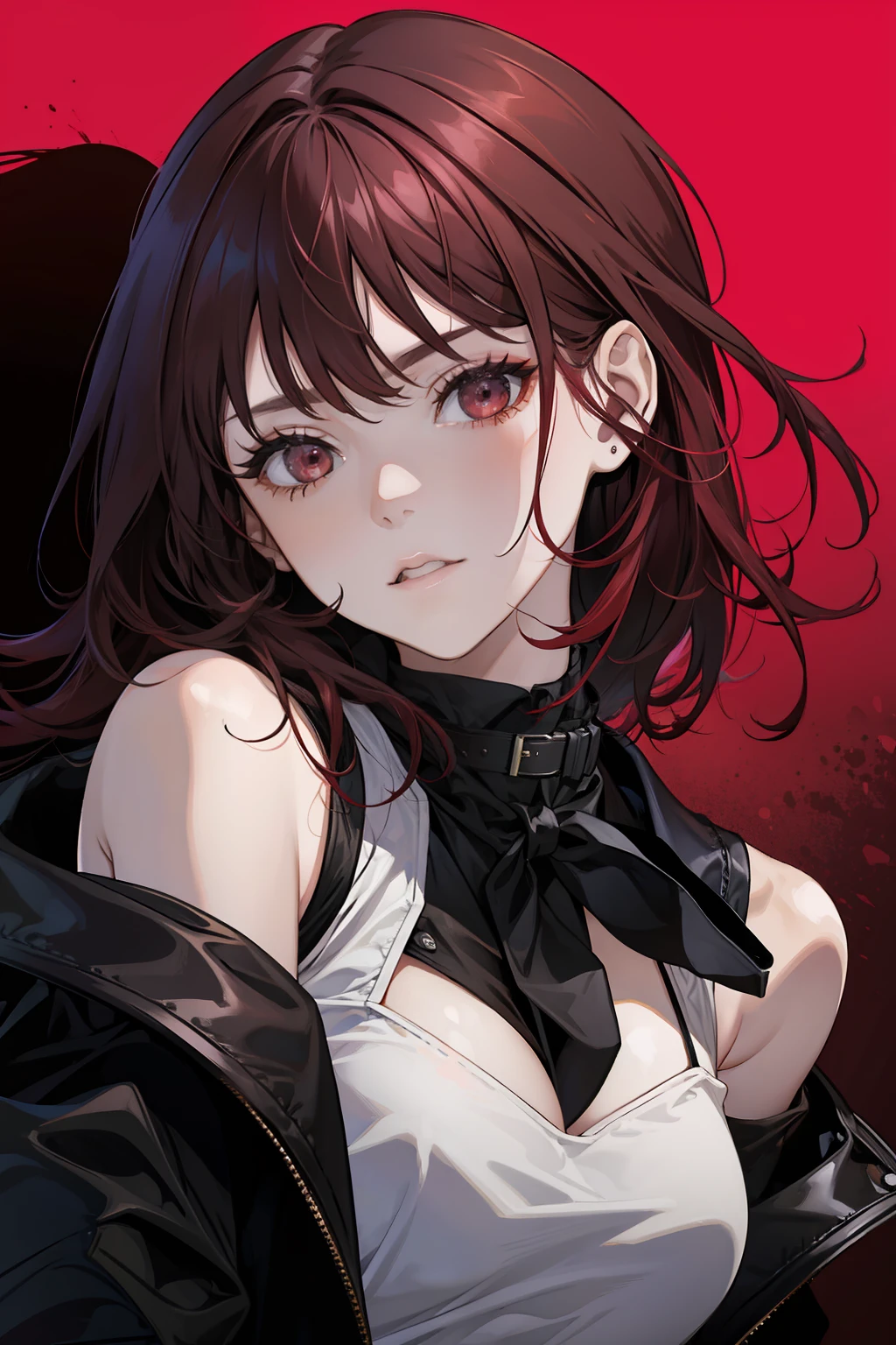 1 girl, solo, dark red hair, black outfit, cool, seductive